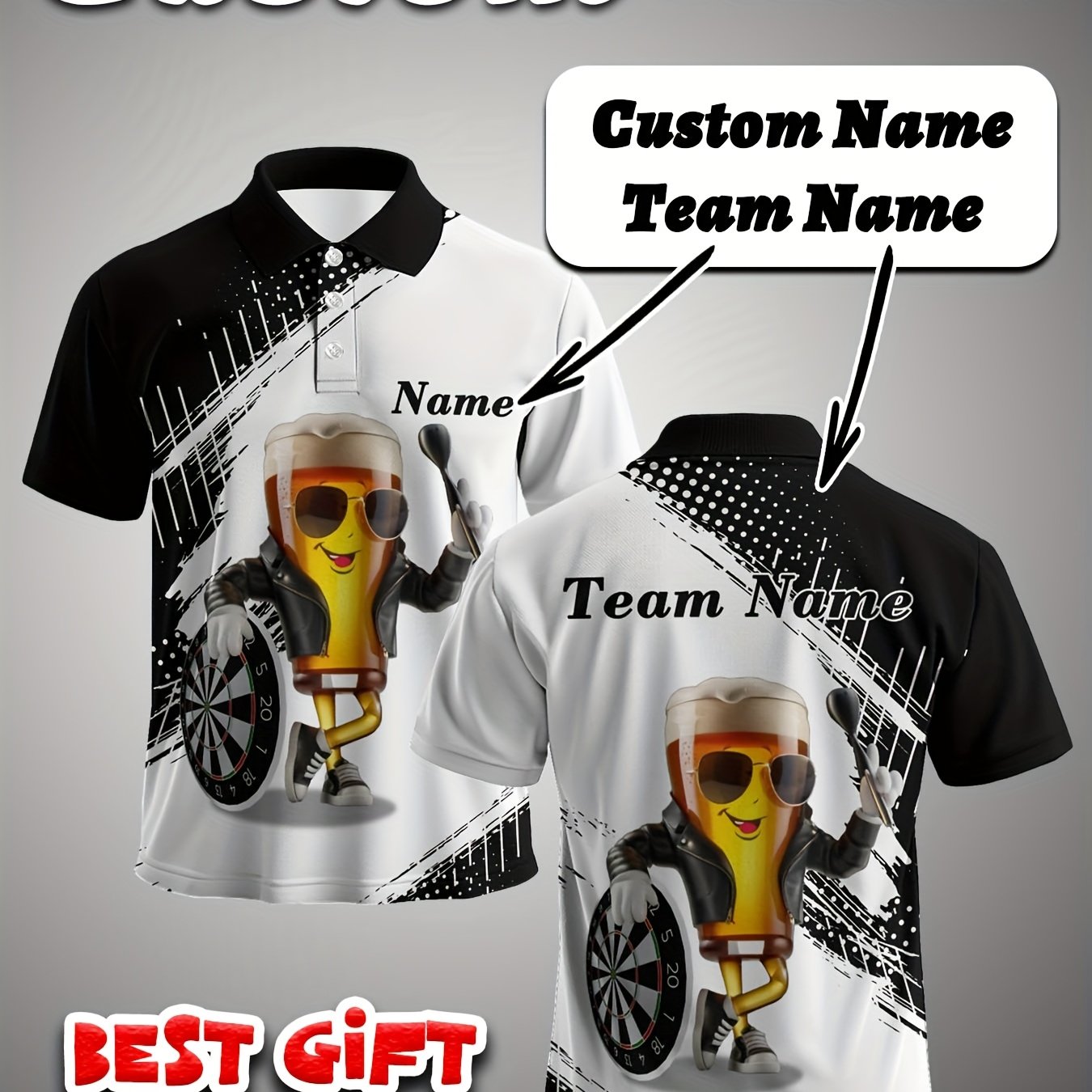 TEMU Men's Darts Team Shirt - Personalized Name/team, Breathable Polyester Darts Theme Design With Dart Board And Beer Cartoon Graphics, Machine
