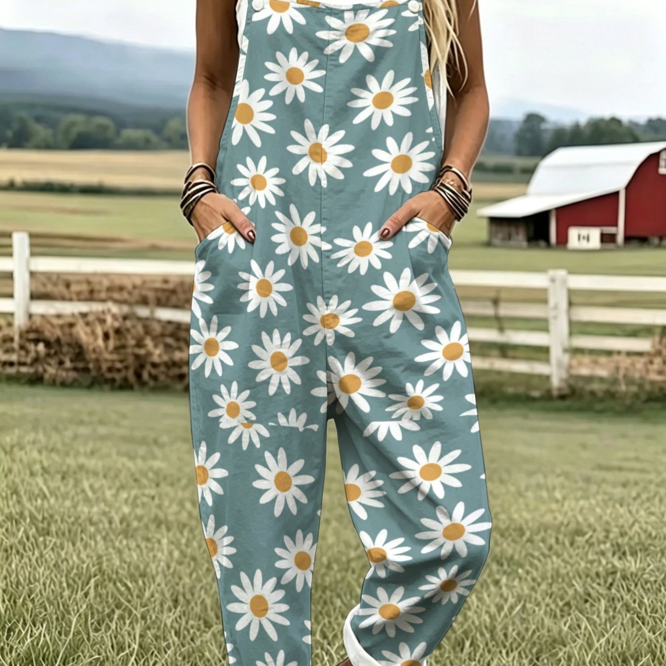 TEMU Women's Leisure Overalls Chrysanthemum Print Fashion Sleeveless Button Design With Pockets Suitable For Vacation And Daily Wear Loose Fit
