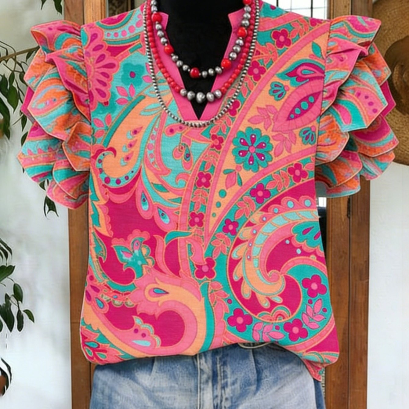 2d Flat Printed V-neck Women's Shirt With High-quality Floral Patterns And Cuffs For Summer, Versatile And Elegant For Daily Wear, Short Sleeves, Machine Washable, 2d Flat