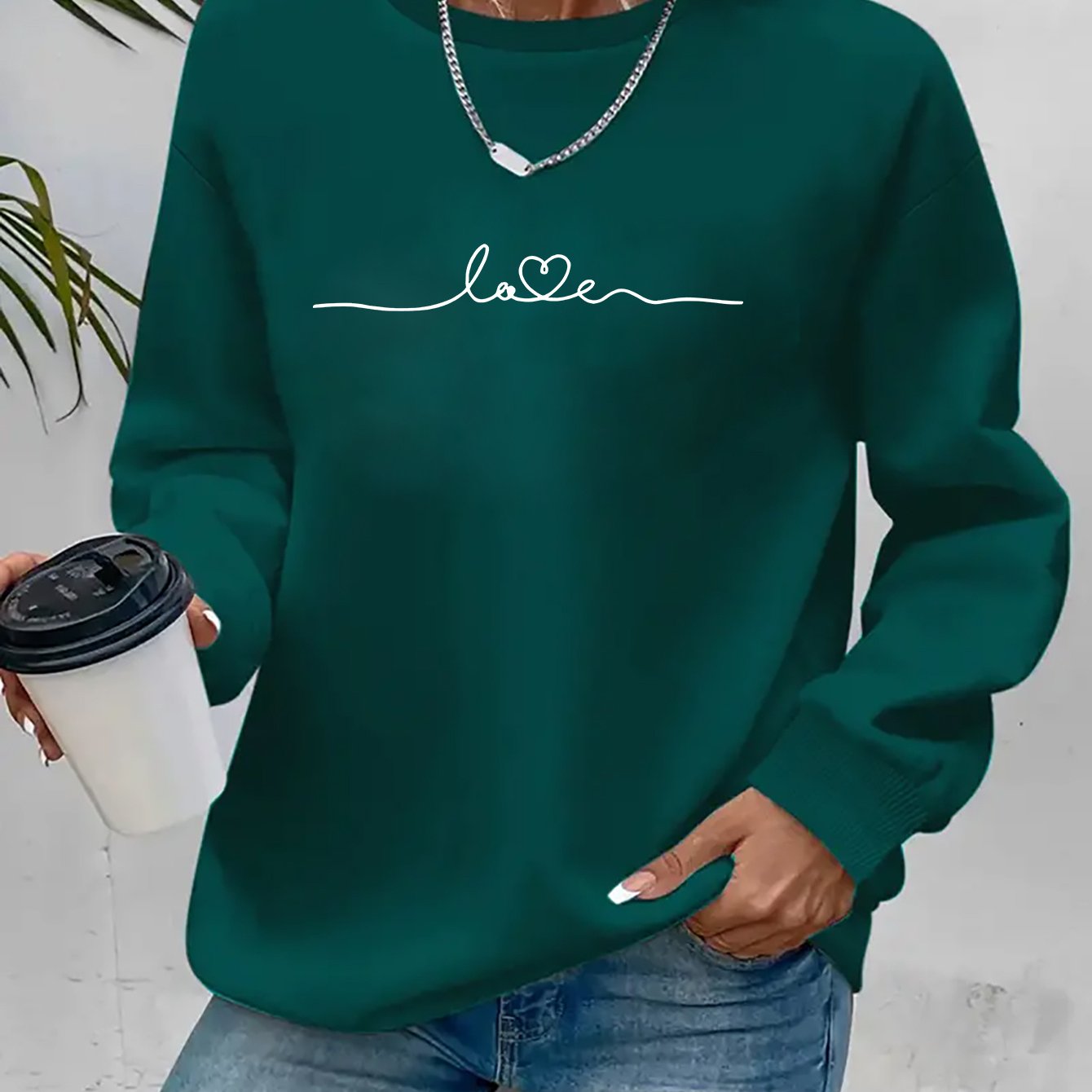 TEMU Women's Casual Crew Neck Long Sleeve Sweatshirt, 100% Polyester Knit Fabric, Soft Breathable Pullover With Love Print For And Outdoor Activities