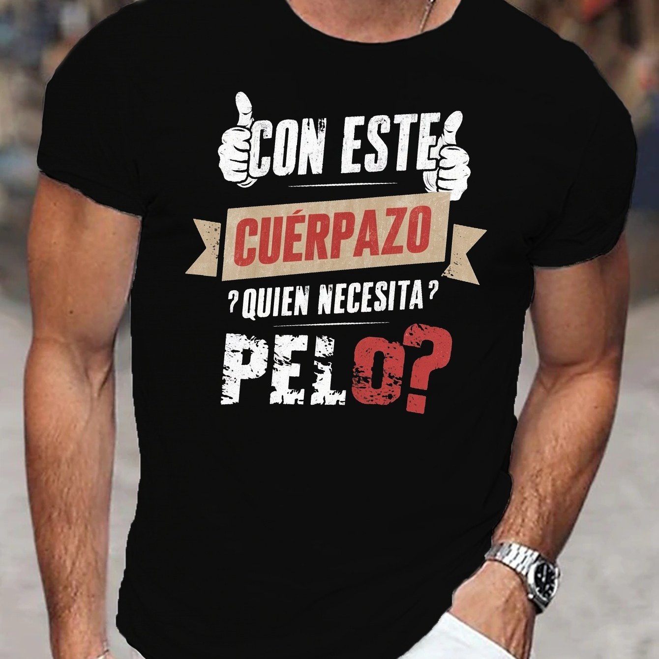 TEMU Camiseta de algodón para hombre con cuello y diseño de humor español CON CUERPO QUE NECESITE UNA NECESITA &?PELO - Camiseta casual deportiva de