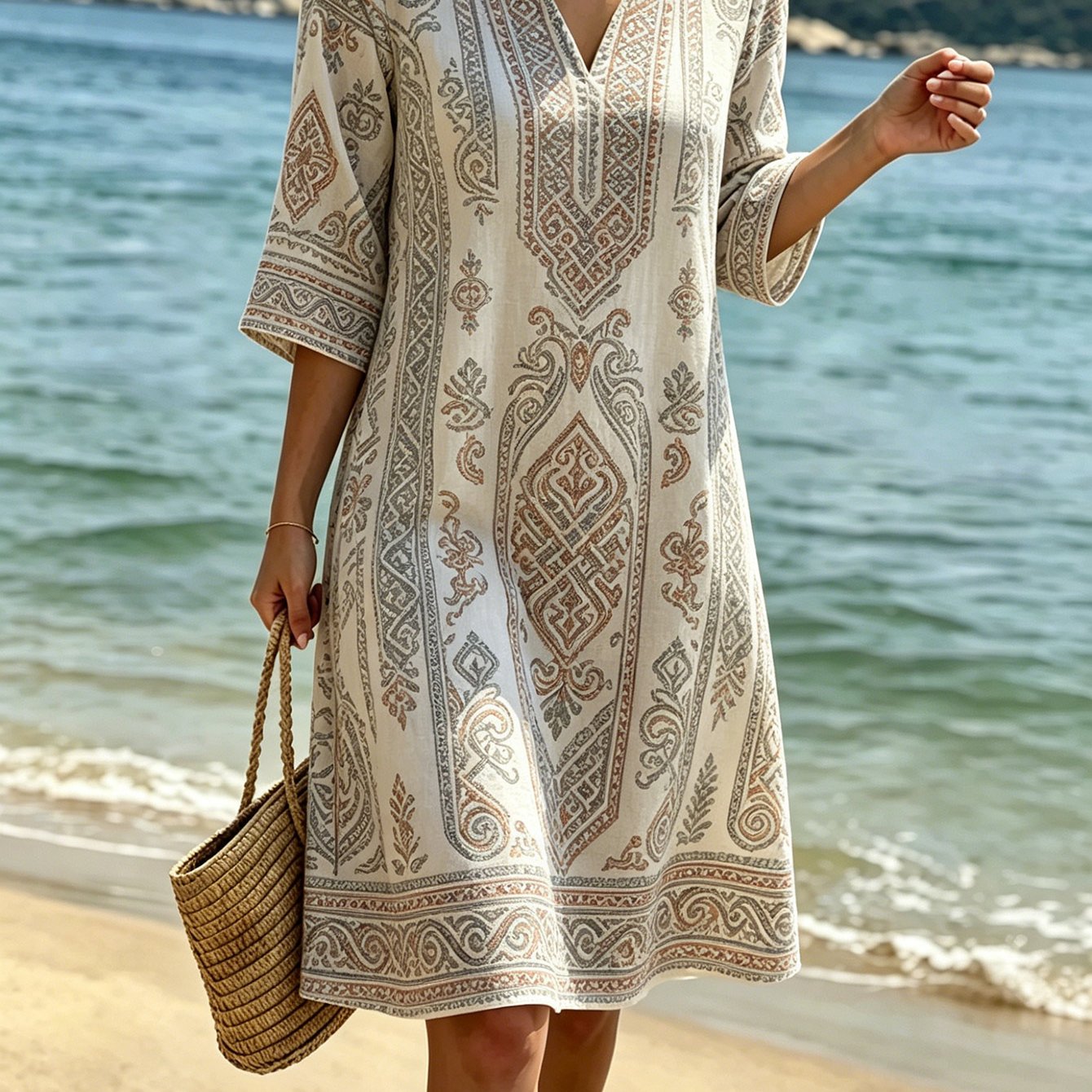 Women's Summer Bohemian Dress, Ethnic Style Printed V-neck 3/4 Sleeve Loose Straight Dress, Breathable And Comfortable Beach Dress, Perfect For Beach Vacation, Daily And Summer