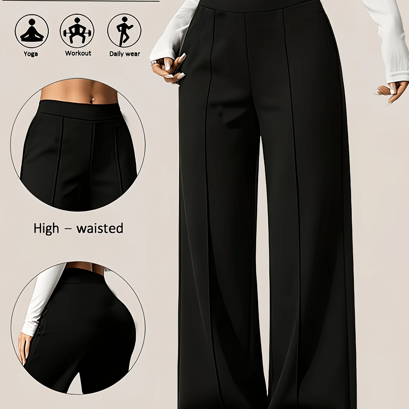 TEMU Plus Size, Women's Tummy Control Wide-leg S Pants - Solid Color Non-see-through Stretchy Wide-leg Straight-leg Suitable For,,, Casual Attire -