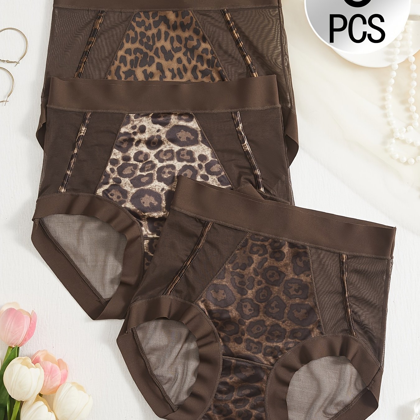 TEMU 3pcs High-waist Leopard Print Women's Panties, Tummy Control, Lifting, Breathable And Comfortable, New Gorgeous Semi-sheer Women's Briefs