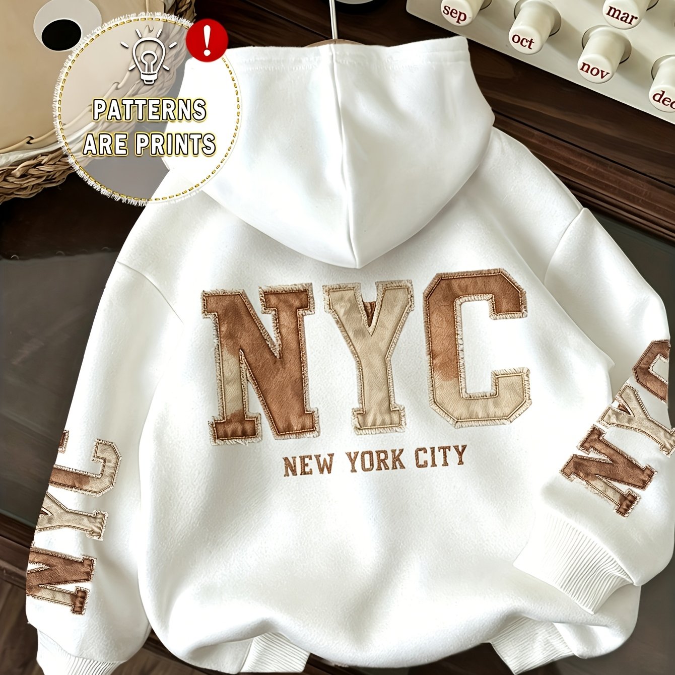 TEMU Printed Design Not Textured Beautiful Women's Clothes - Nyc Letter Print Vintage Style Sweatshirt Drawstring Hoodie, Machine Washable, Autumn