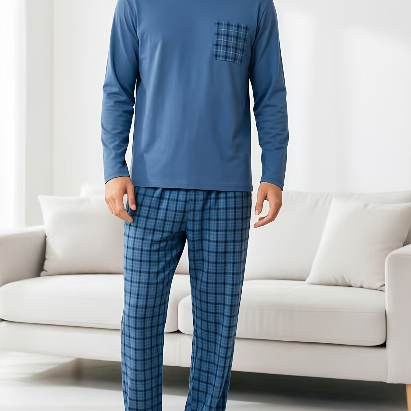 TEMU Ensemble d'automne-hiver pour hommes, comprenant un pantalon à carreaux et un haut à manches longues (motif de poche aléatoire)
