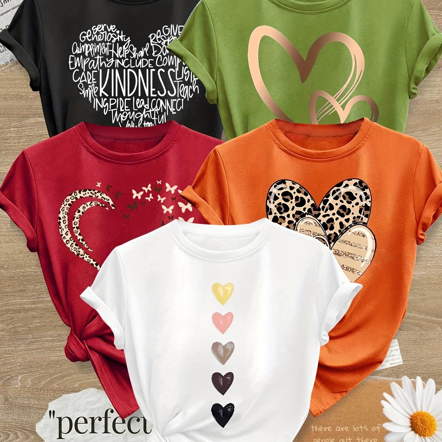 TEMU Set Of 5 Minimalist Heart Pattern Printed Fashionable Retro Style Women's Casual Sports Tops, Short-sleeved T-shirts In Multiple Colors, Sizes