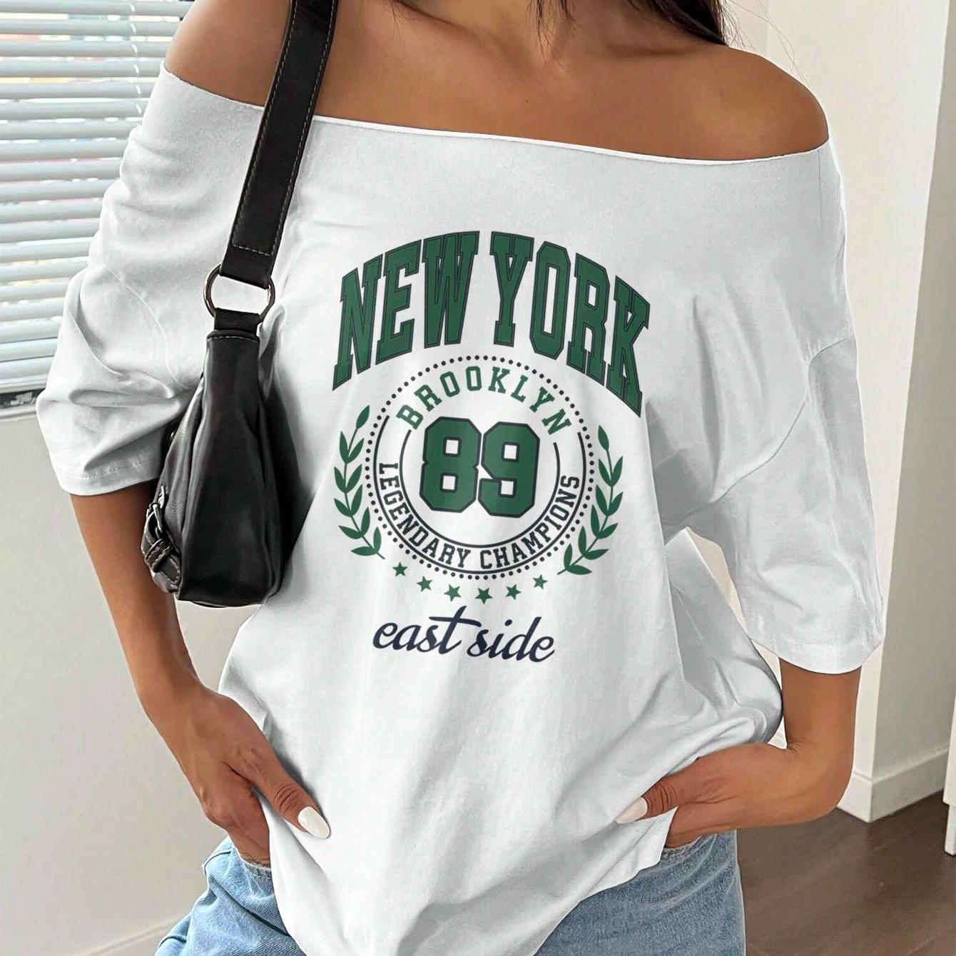 Women's Loose Off-shoulder Crew Neck Oversized Short Sleeve T-shirt With Letter Sport Top