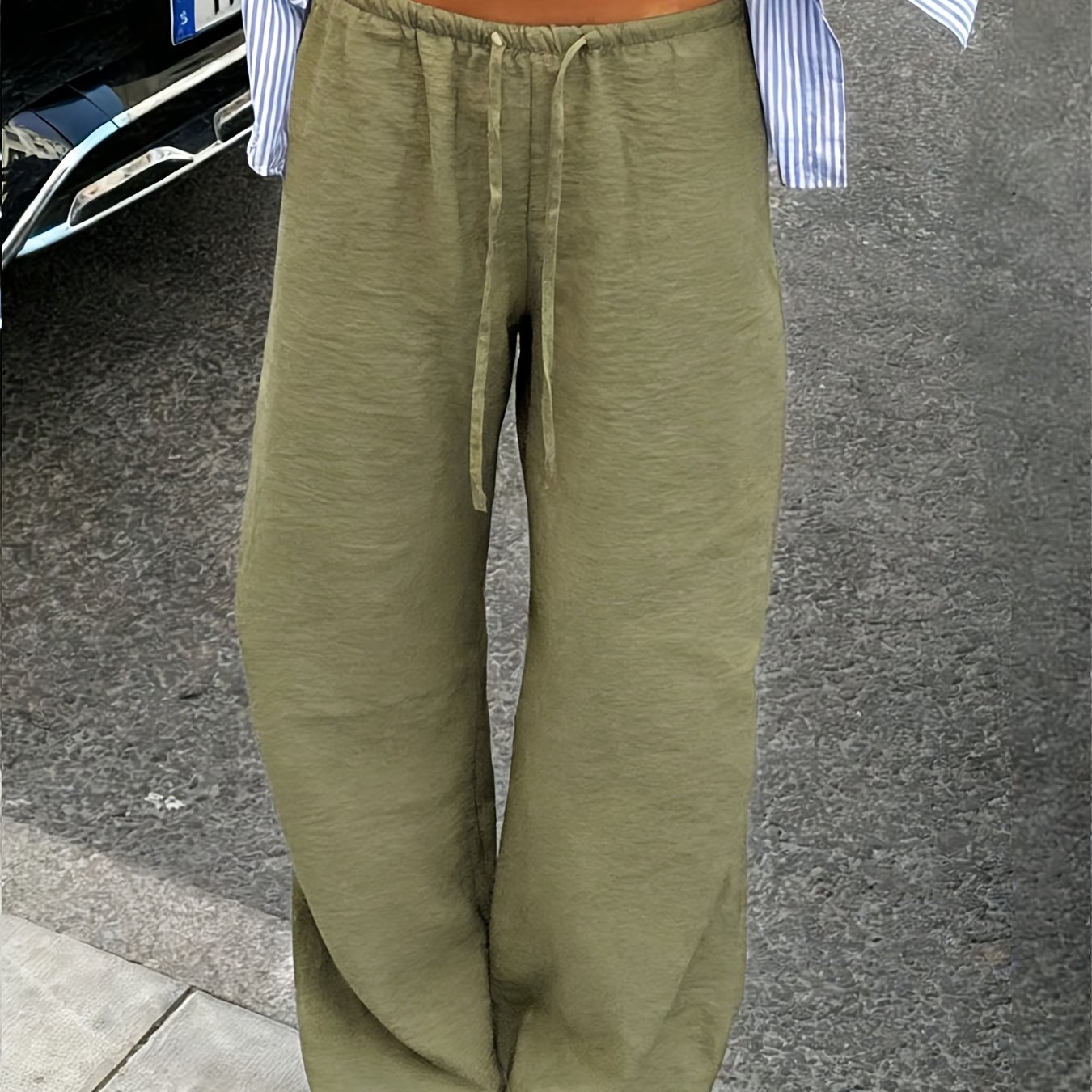 Image of Women's Loose Drawstring Waist Wide Leg Pants, Lightweight And Breathable Casual Trousers, Military Green
