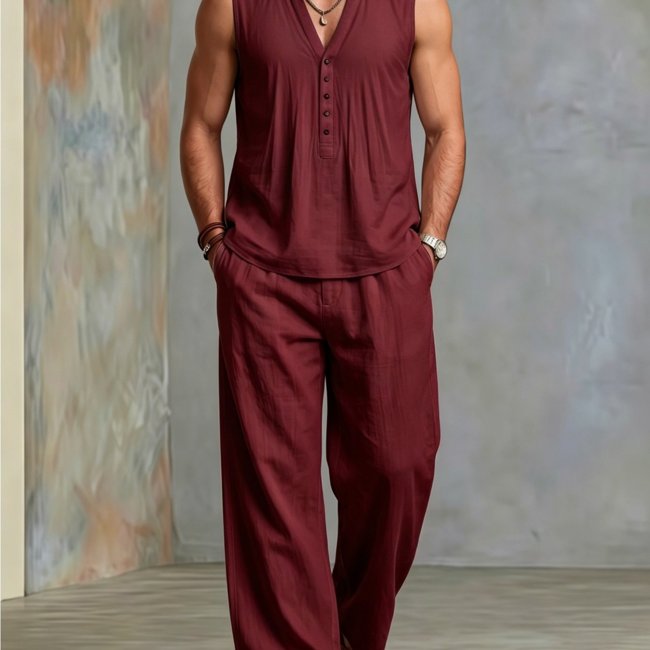 Summer Men's Set Sleeveless V-neck Henley Button Shirt Loose Wide-leg Pants 2pcs Casual Outfit