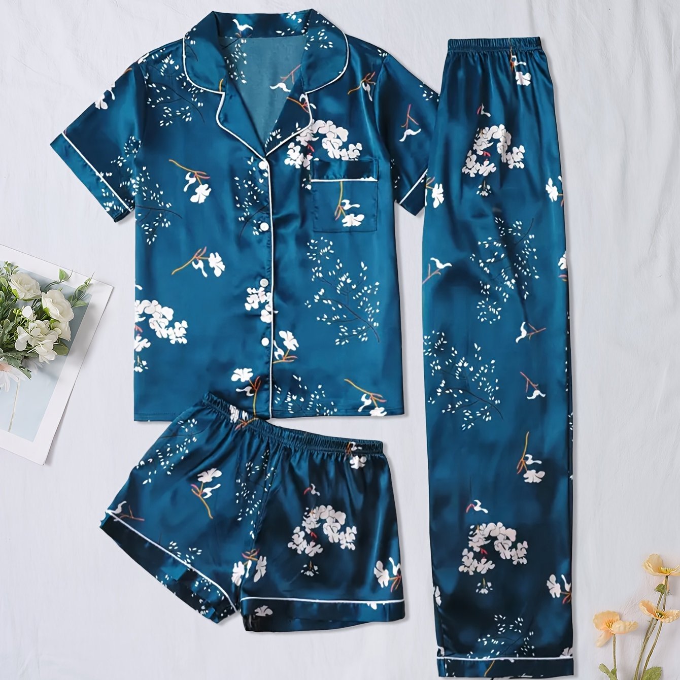 TEMU Women's Casual Sleepwear And Loungewear Set, 3pcs Summer Set In Blue Satin With Floral Pattern, Suitable For , Comfortable Pajamas And Home Clothes