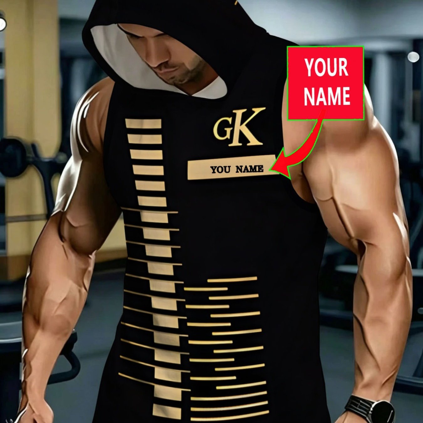 TEMU [customizable] Men's Fashion Sleeveless Hooded Vest Custom Hoodie Customizable Name Black Golden Geometric Sleeveless Hooded Vest Sports Casual