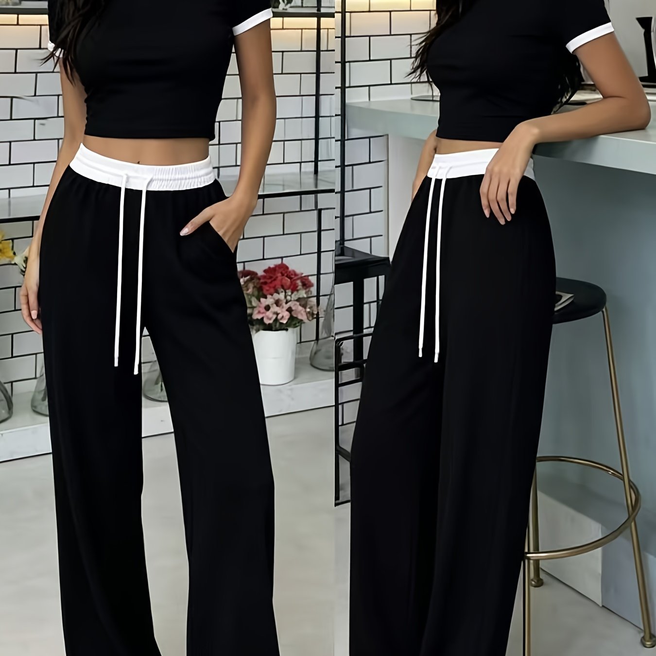 TEMU Women's - Black And White Crew Neck Short-sleeve T-shirt And High-waist Drawstring Wide-leg Pants Two-piece Set - Casual, Comfortable, And