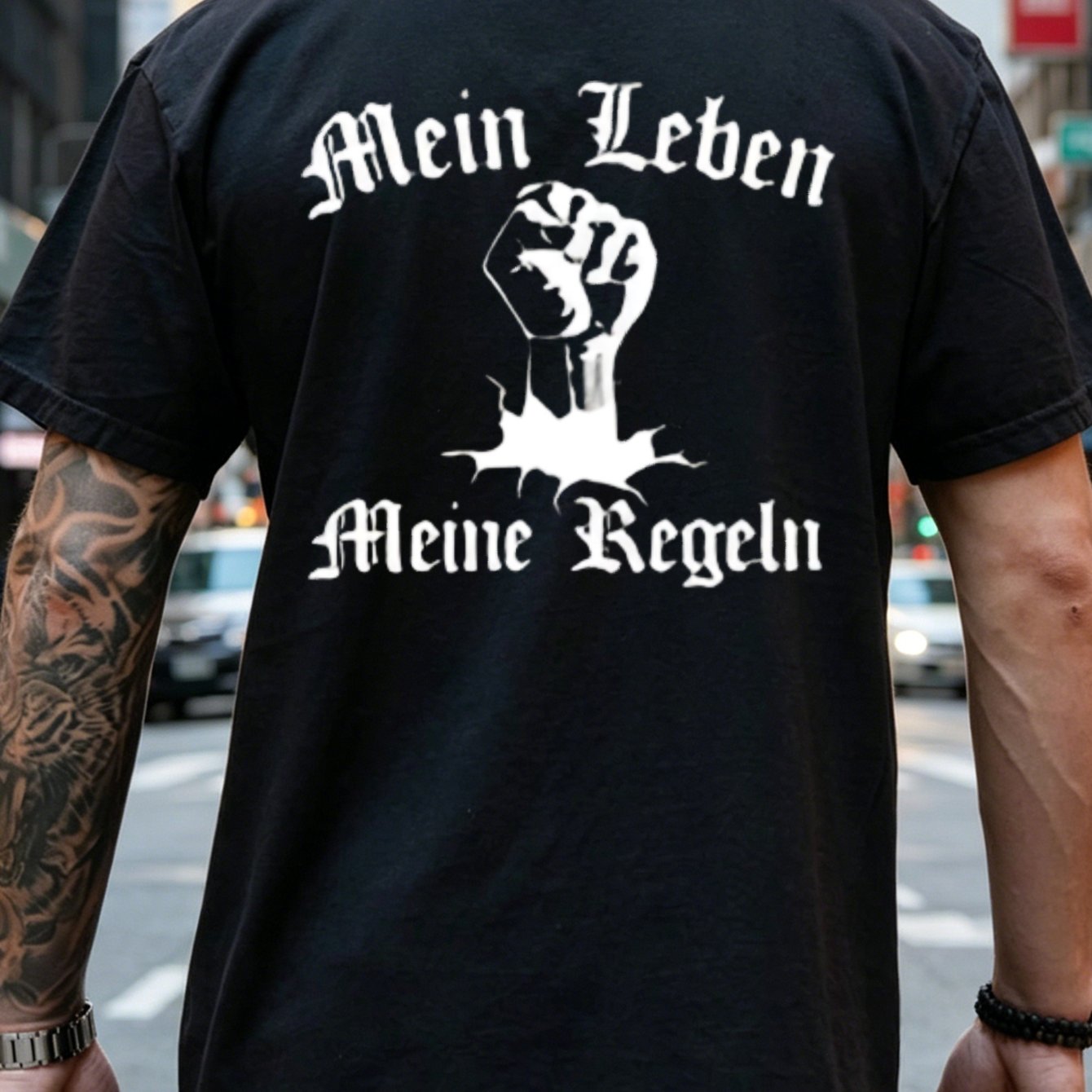 Men's T-shirt Black Graphic And German Text My Life Streetwear Urban Fashion Casual Wear