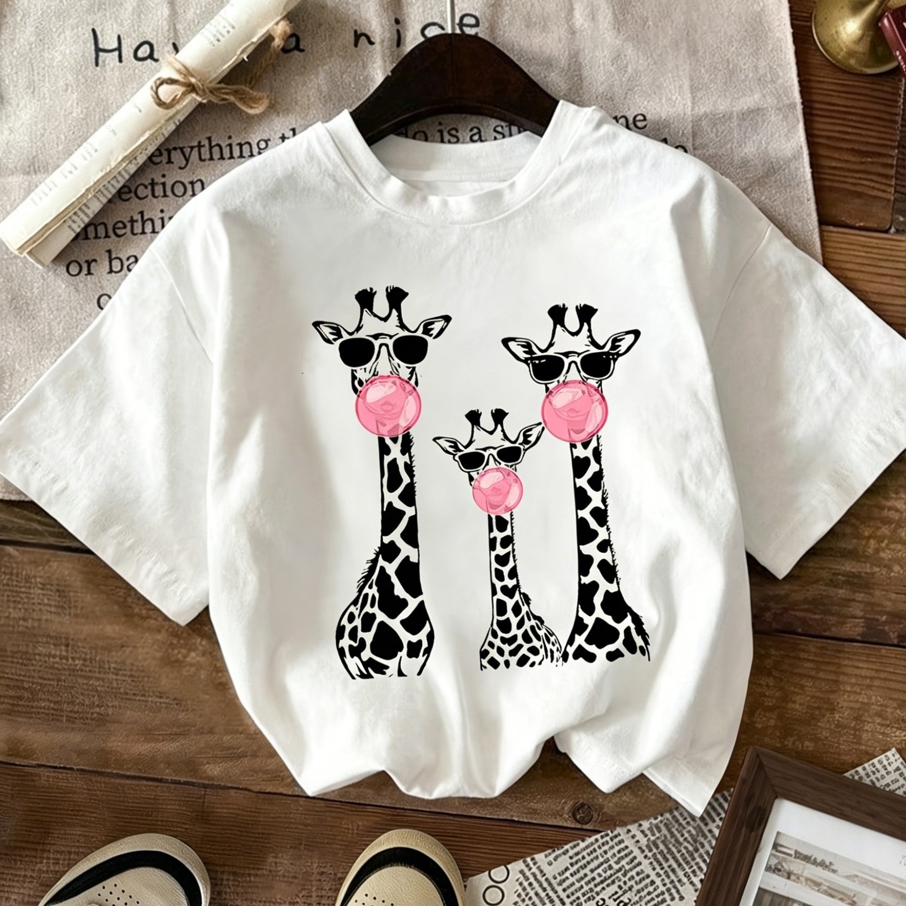 TEMU Giraffe Print Short Sleeve T-shirt, Crew Neck, Casual Women's Top For Spring/summer, Daily Wear