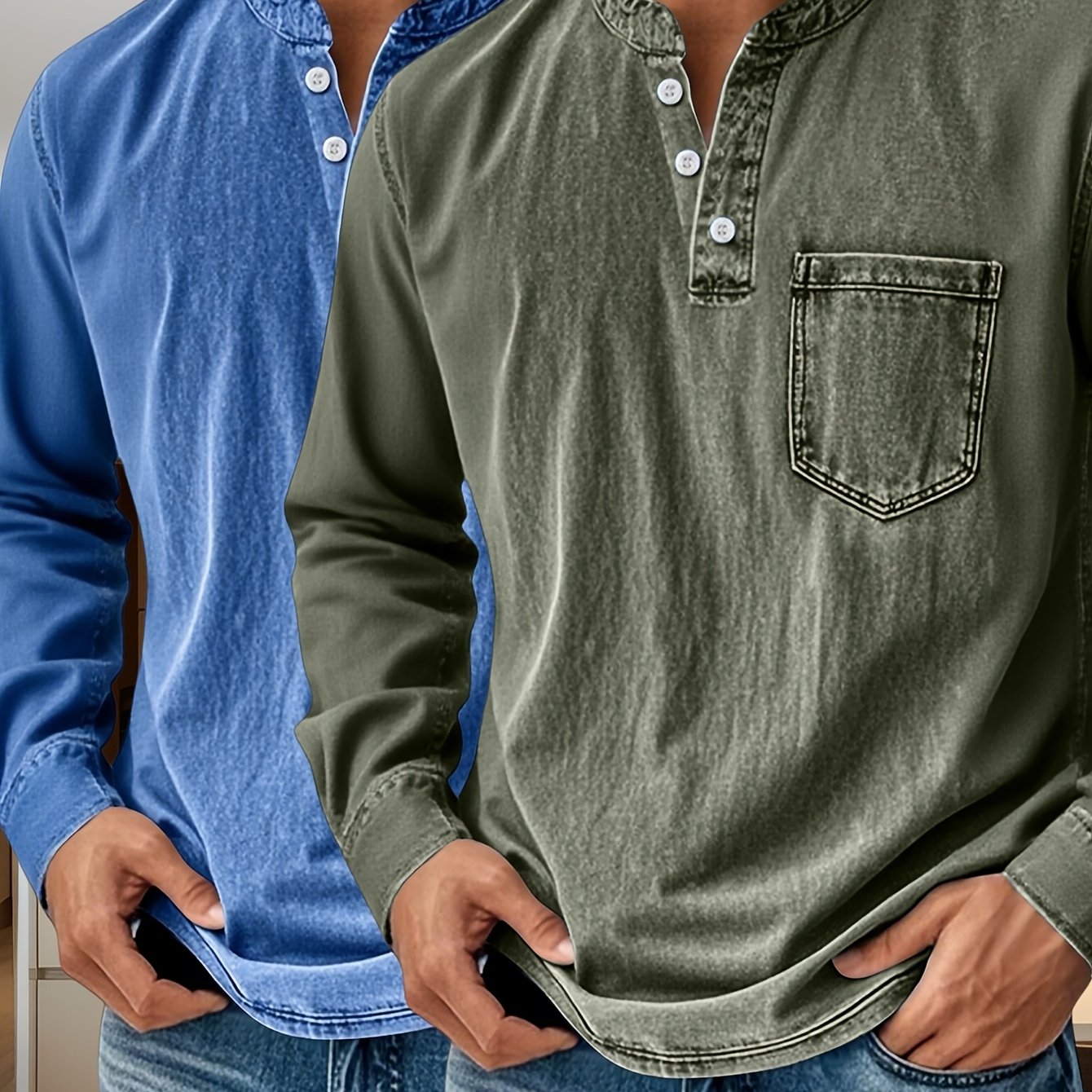 Image of 2pcs Men's Vintage Washed Henley Shirts, Long Sleeve Collar 3 Buttons Casual Shirt, Denim Cotton Shirts, Pullover T-shirt With Pocket, Daily Tee Tops, Workout Sport Work Sweatshirts