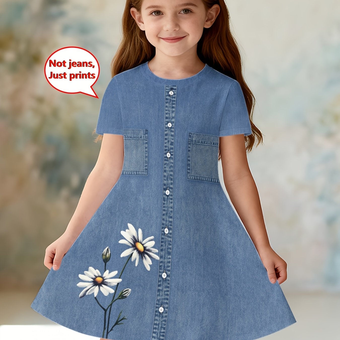 Girls' Summer Fashion Short-sleeve Dress, 3d Printed Denim-look Casual Dress, Gift For Children, Perfect For Daily Wear/holidays