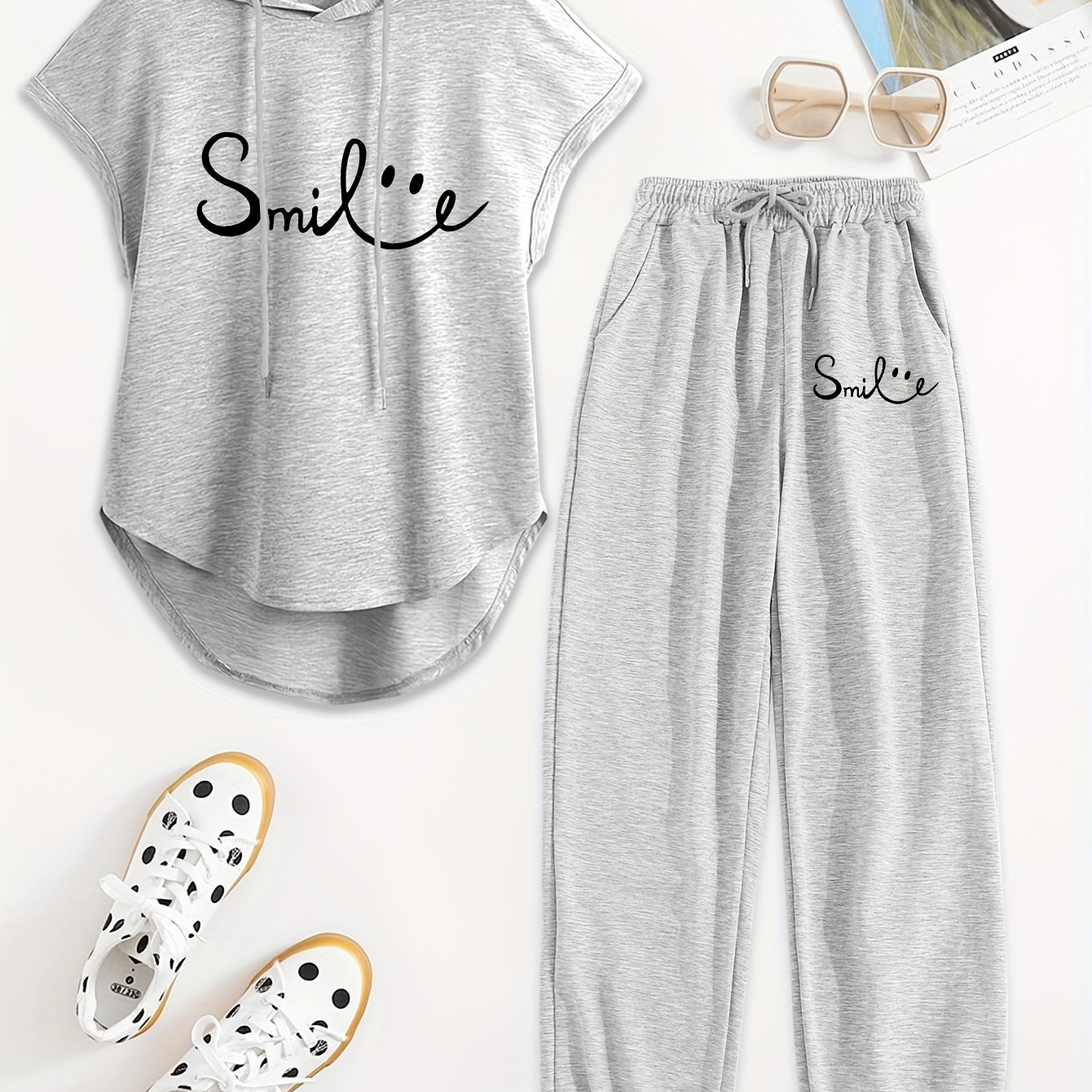 TEMU Women' Piece Drawstring Sleeveless Hooded Top Summer Letter Print Pants, Elastic Waist Casual Pants, Pants Set