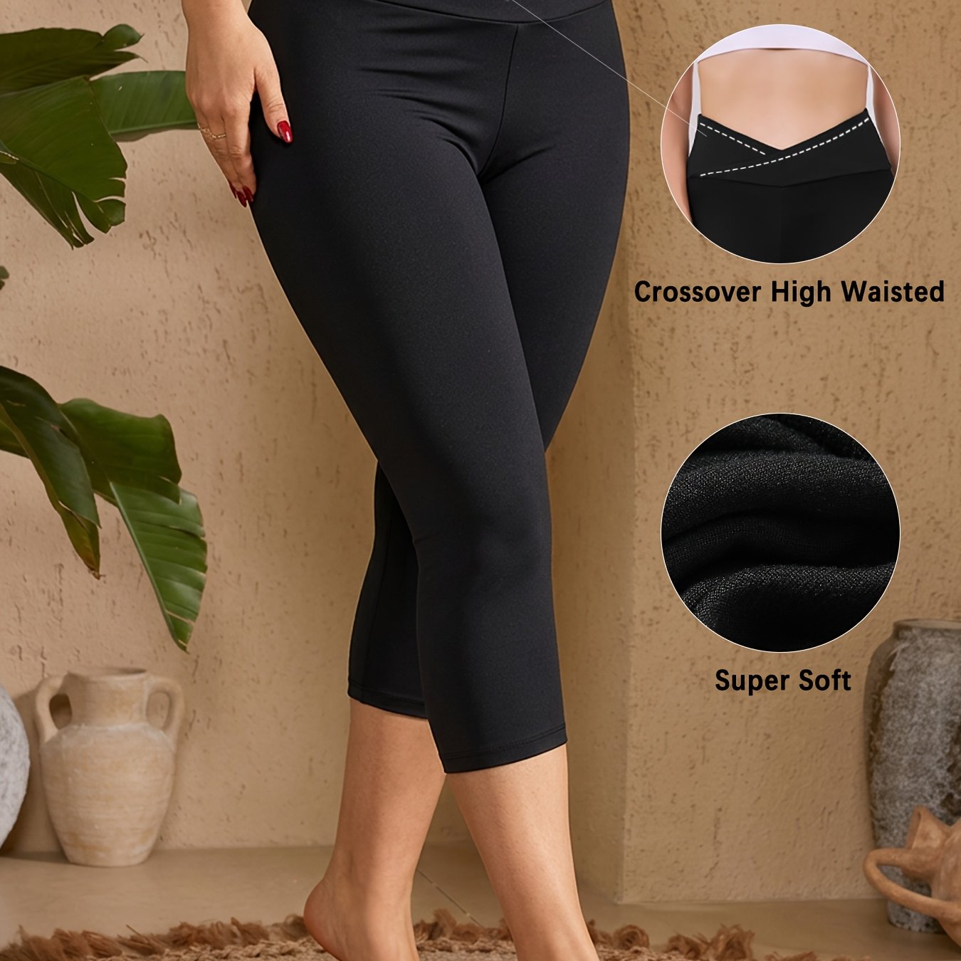 TEMU Women's High Waisted Tummy Control Capri Leggings - Super Soft No Workout Pants With Crossover, Full-length Stretch Suitable For Yoga, Running,