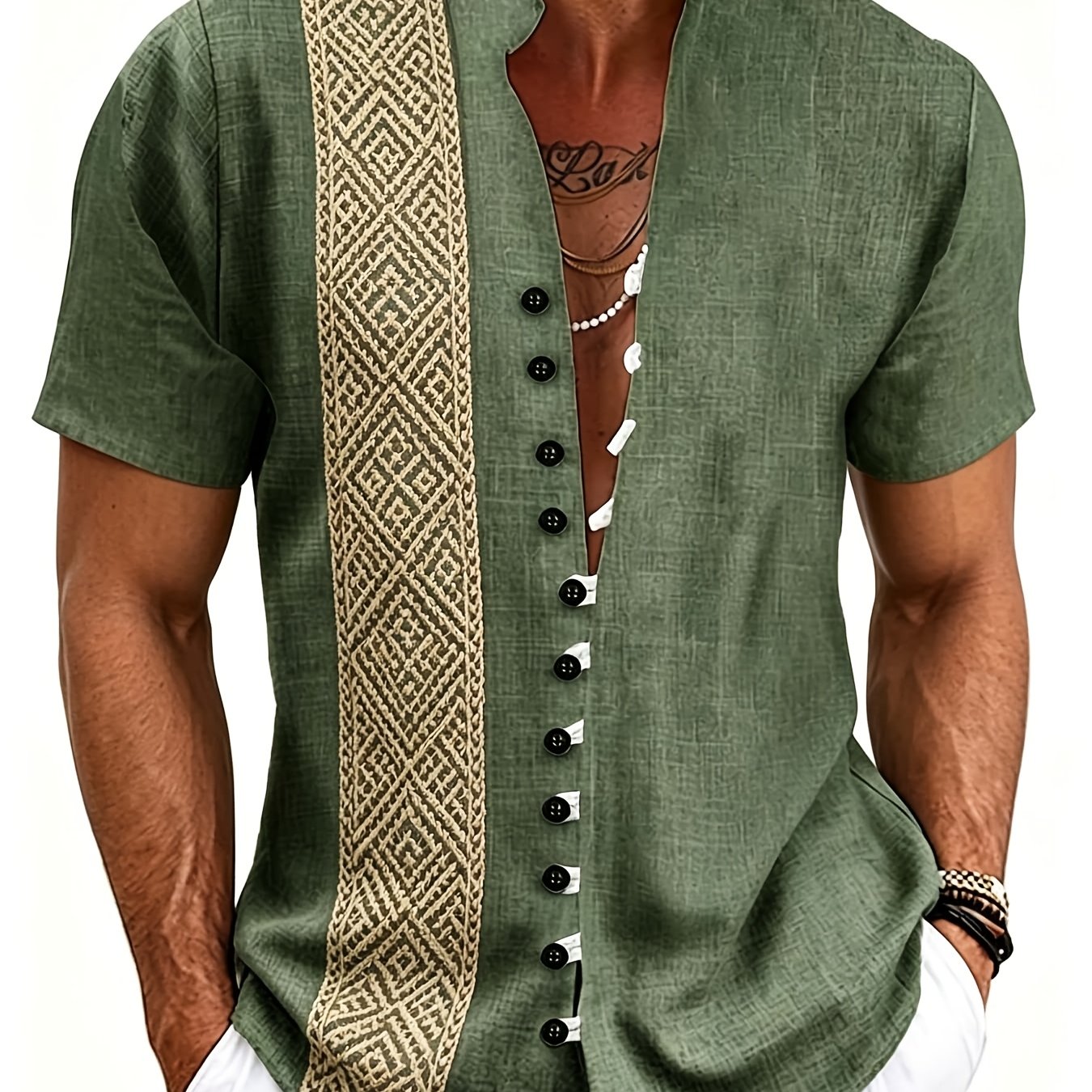 Plus Size Men's Casual Shirt Faux Linen Art Printed Stand Collar Short Sleeve Button Shirt Bohemian Ethnic Tribal Street Style Tops For Beach Vacation Summer And Wear
