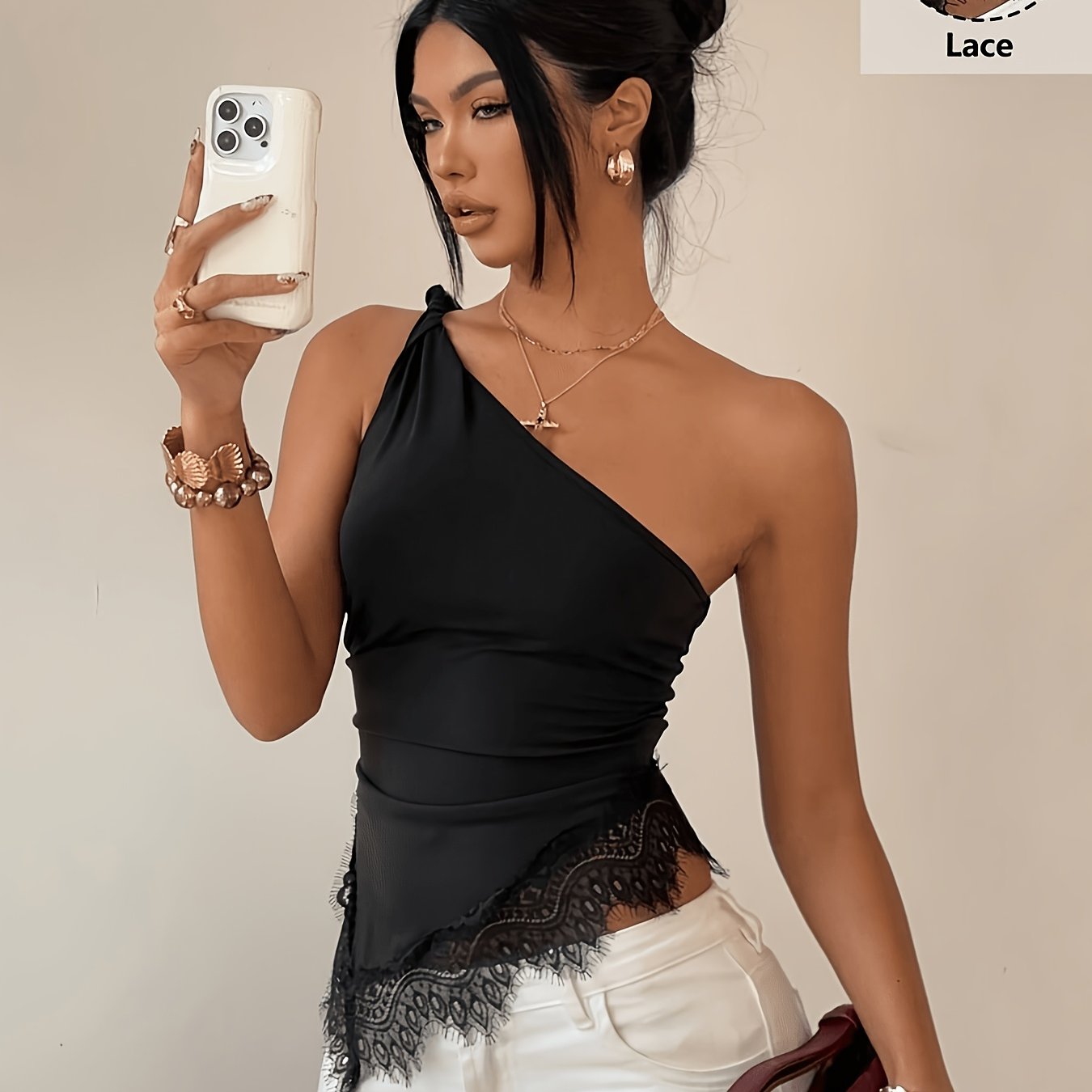 TEMU Lace Twist Knot 1 Shoulder Top, 1 Shoulder Lace Trim Asymmetrical Crop Top, Summer Casual, Off Shoulder, Backless, Party, Music Festival, Ruched