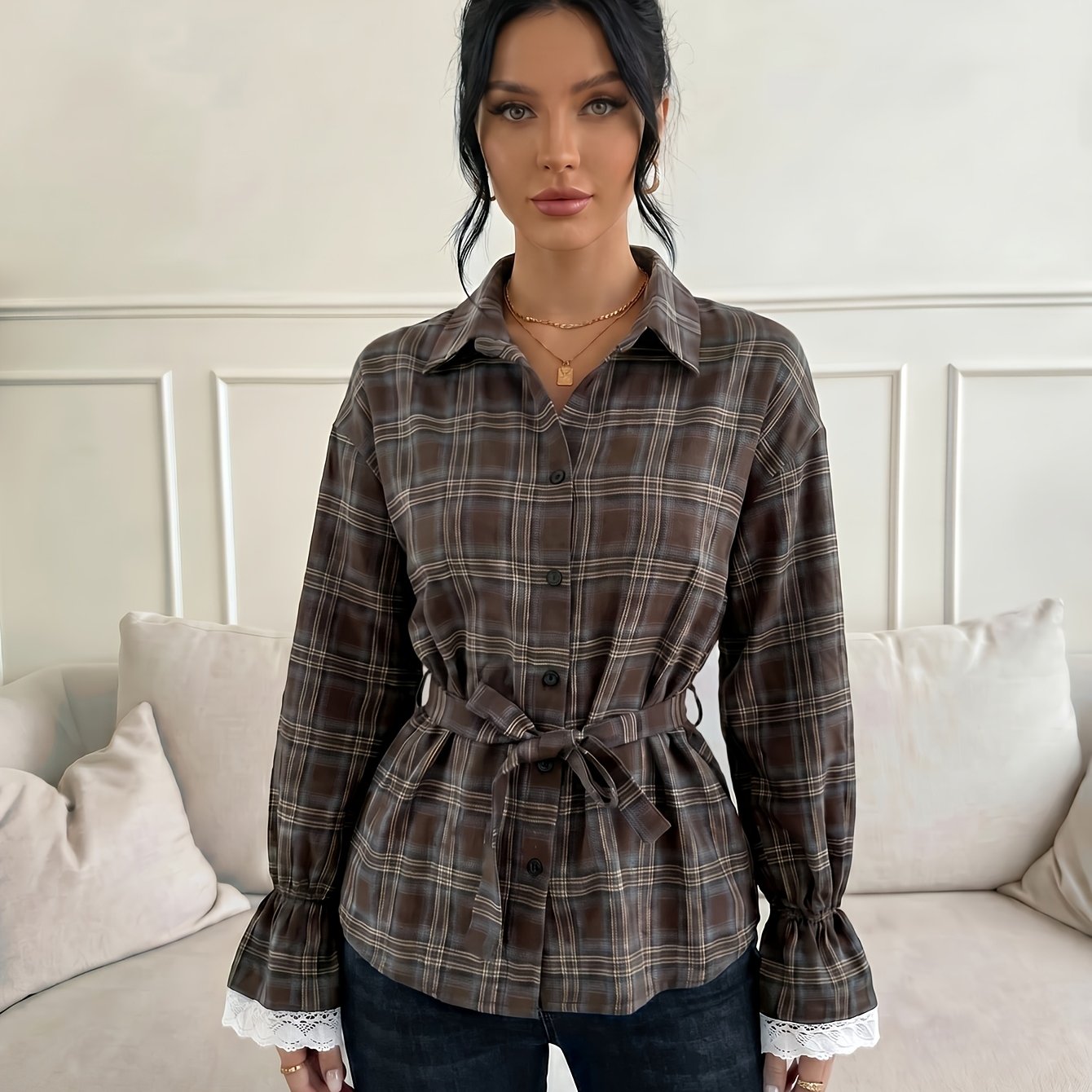 TEMU Women Long Sleeve Shirt Single Breasted Tie Waist