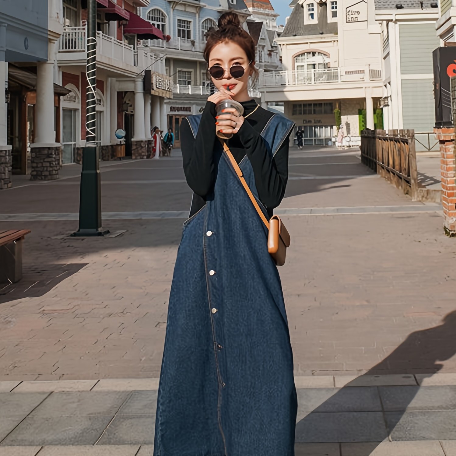 Women&#39;S Elegant Denim Dresses Cross Wide Strap Long Dresses