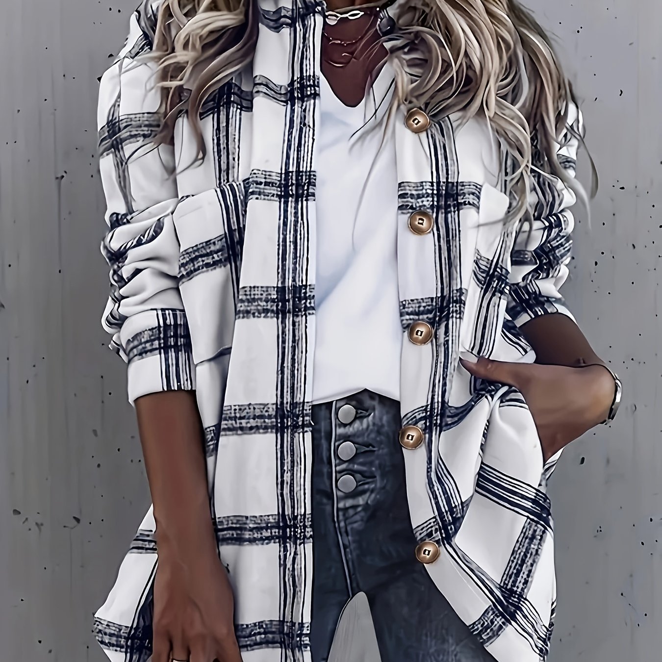 Women's Fashion Casual Random Plaid Print Long Sleeve Shirt With Pockets In Loose Fit
