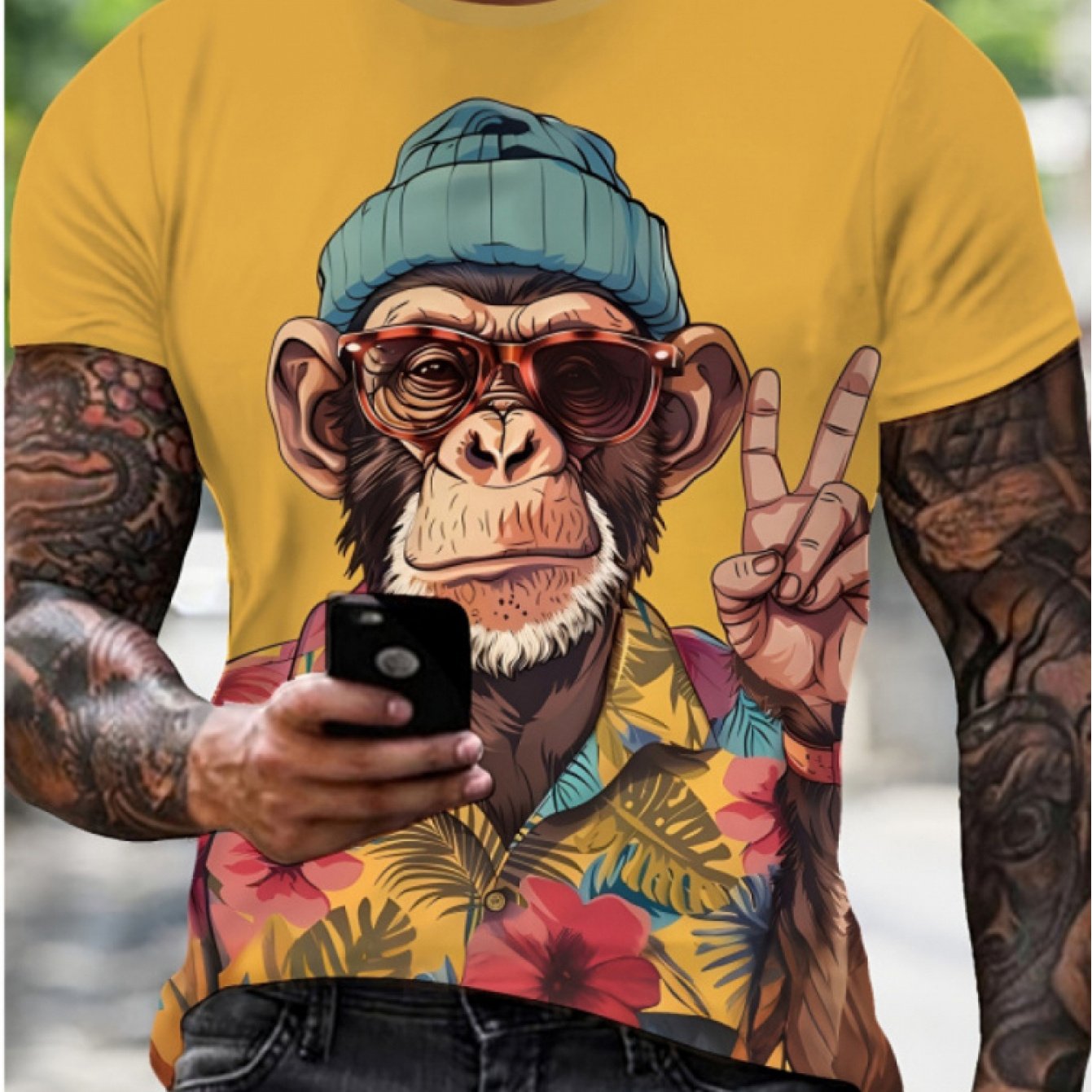 TEMU [printed Design- Not Textured] Men's Fashion T-shirt Traveling Monkey, Printed T-shirts, Casual Short-sleeved Round Neck T-shirts, Outdoor Fun