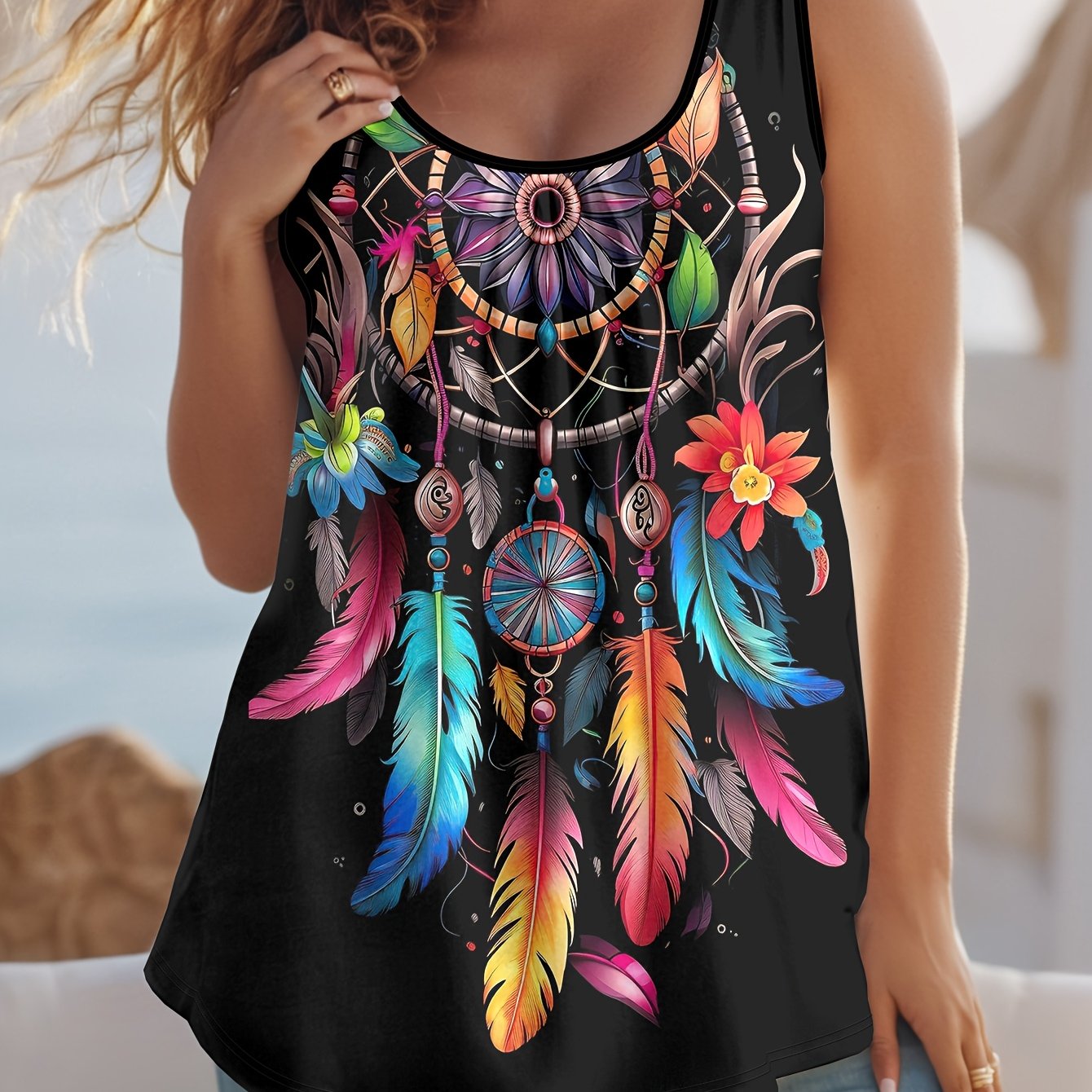 Plus Size, Summer Ladies Plus-size Drawing Dreamcatcher Print Pattern 3d Printed Tank Stretch Vest Women's -size Clothing