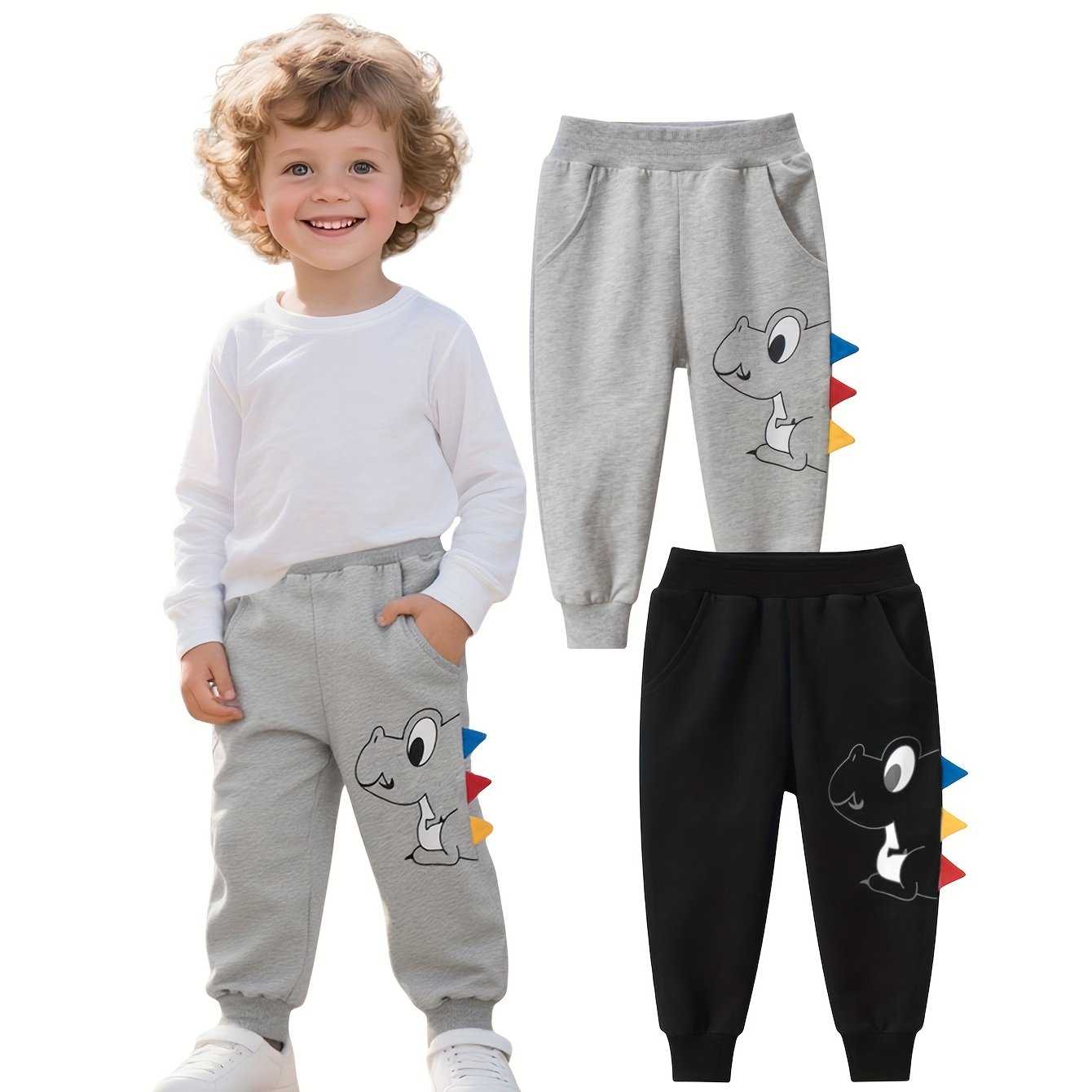 Image of 2pcs Boys' Long Pants Casual Athletic Jogger Pants Drawstring Trousers Cute Dinosaur Print Pattern Loose Comfortable Elastic Waist Outdoor Fall Winter Pants, For Outdoor