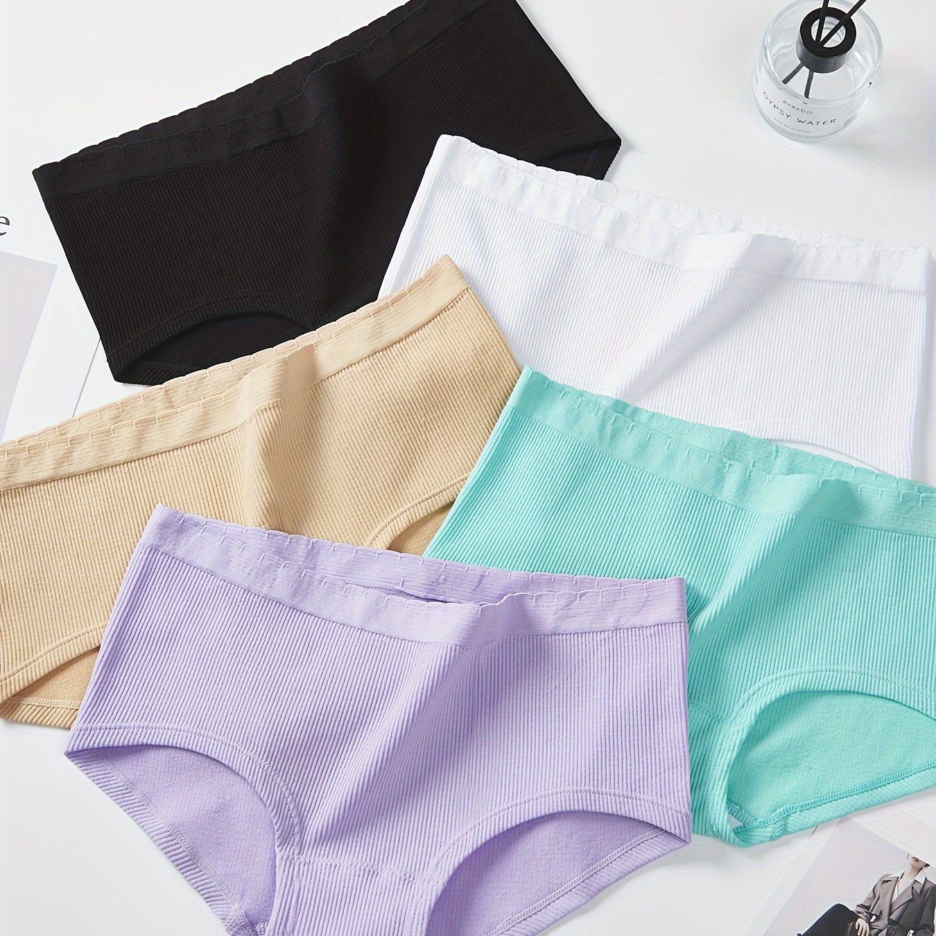 TEMU 5pcs slips solides simples, culottes intimes extensibles à taille moyenne confortables et respirantes, lingerie et sous-vêtements pour femmes