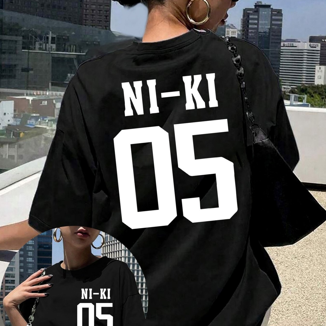TEMU Women's Letter Print T-shirt Niki, 05 Black Short Sleeve Round Neck Casual Top, Medium Elastic Breathable Fabric, Machine Washable And Summer,