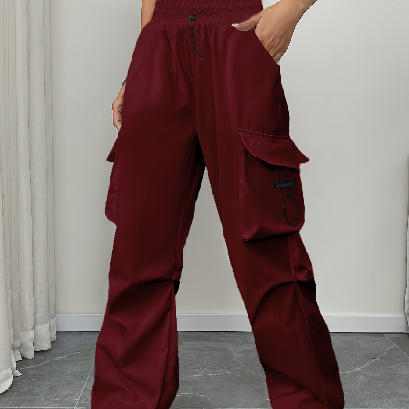 TEMU Women's High-waisted Wide-leg Cargo Pants - Adjustable Drawstring Waist, Multiple Pockets, Ruched Hem, Loose Fit Casual Outdoor & Casual Attire,