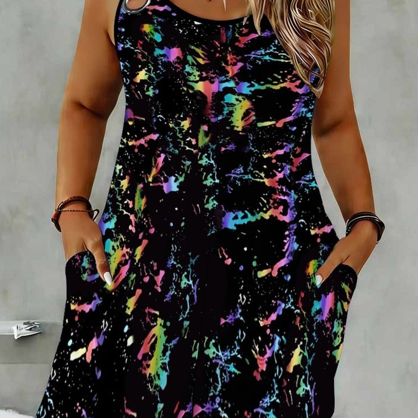 Plus Size, Women's Jumpsuit, Women's Plus Size Jumpsuit, Tie-dye Style Pattern Full Print, Elegant Women's Wear, Trendy Fashion Style, Beach Vacation , Ring Pocket Jumpsuit