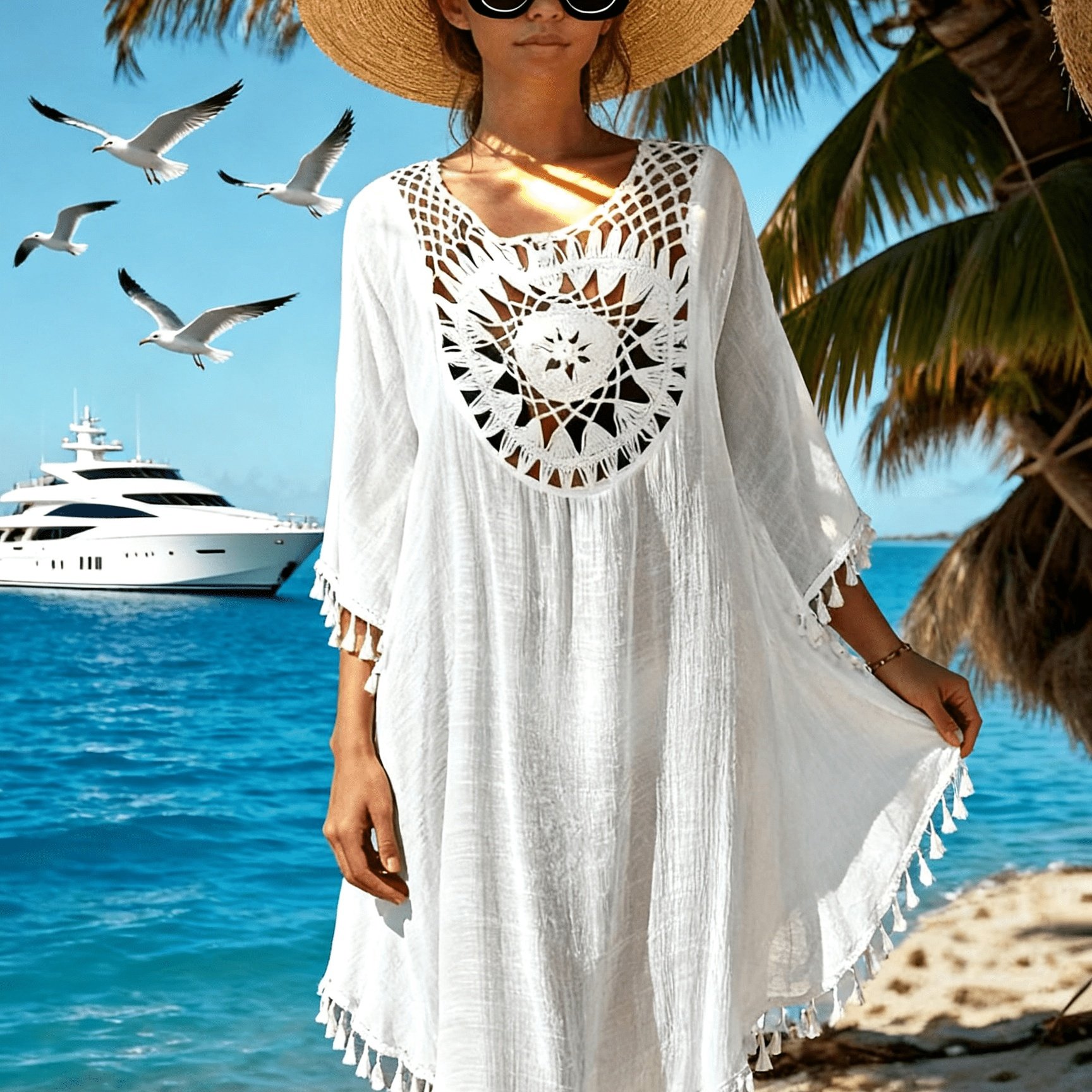 Bohemian- Crochet Dress With Tassel Detailing, Perfect For Summer Beach And Poolside Wear, Featuring A Tassel- Beach Cover-up