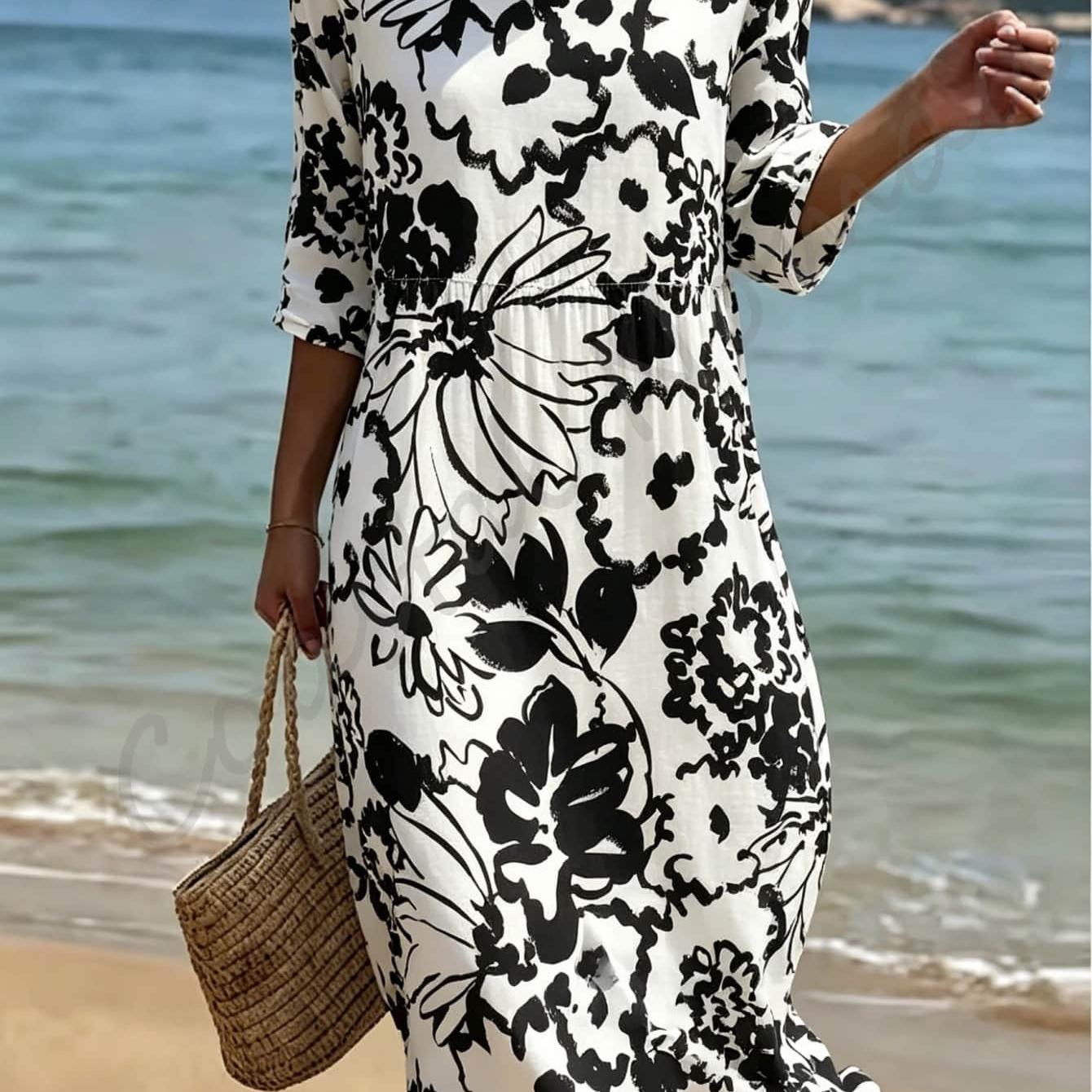 Image of Plus Size, Plus Size Black Abstract Floral Print Dress For Women Casual 3/4 Sleeve Crew Neck Loose Midi Dress, Lightweight Dress