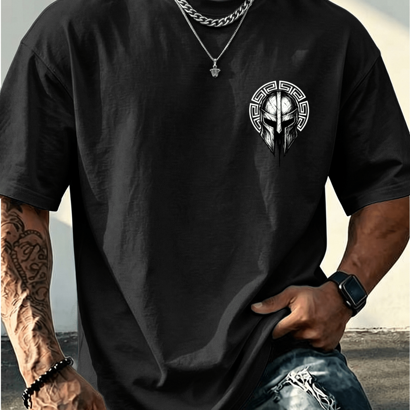Image of Men's 100% T-shirt, Easy Retro Greek Warrior Helmet Print, Wear, Casual Versatile, Plus Size