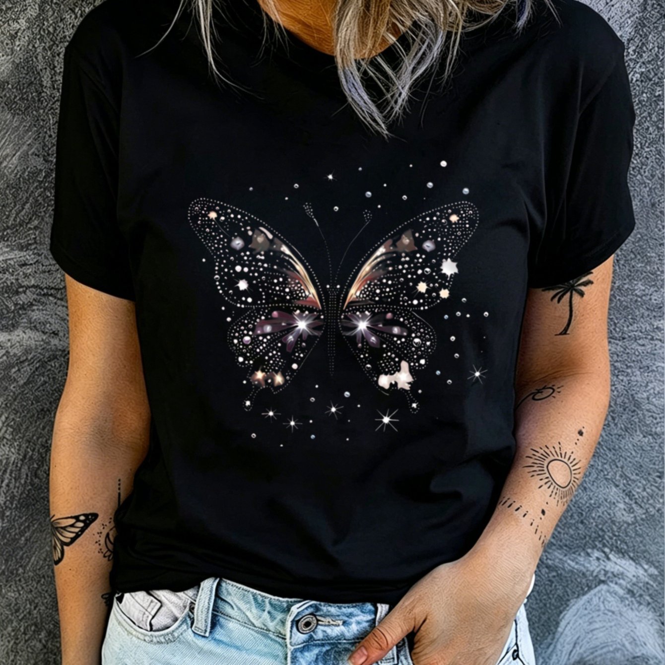 Image of Women's Round Neck Top, Starry Print, Casual And Fashionable Base Shirt, Loose Short Sleeved, Seasonal New Style, Casual Daily Wear For Going Out, Top