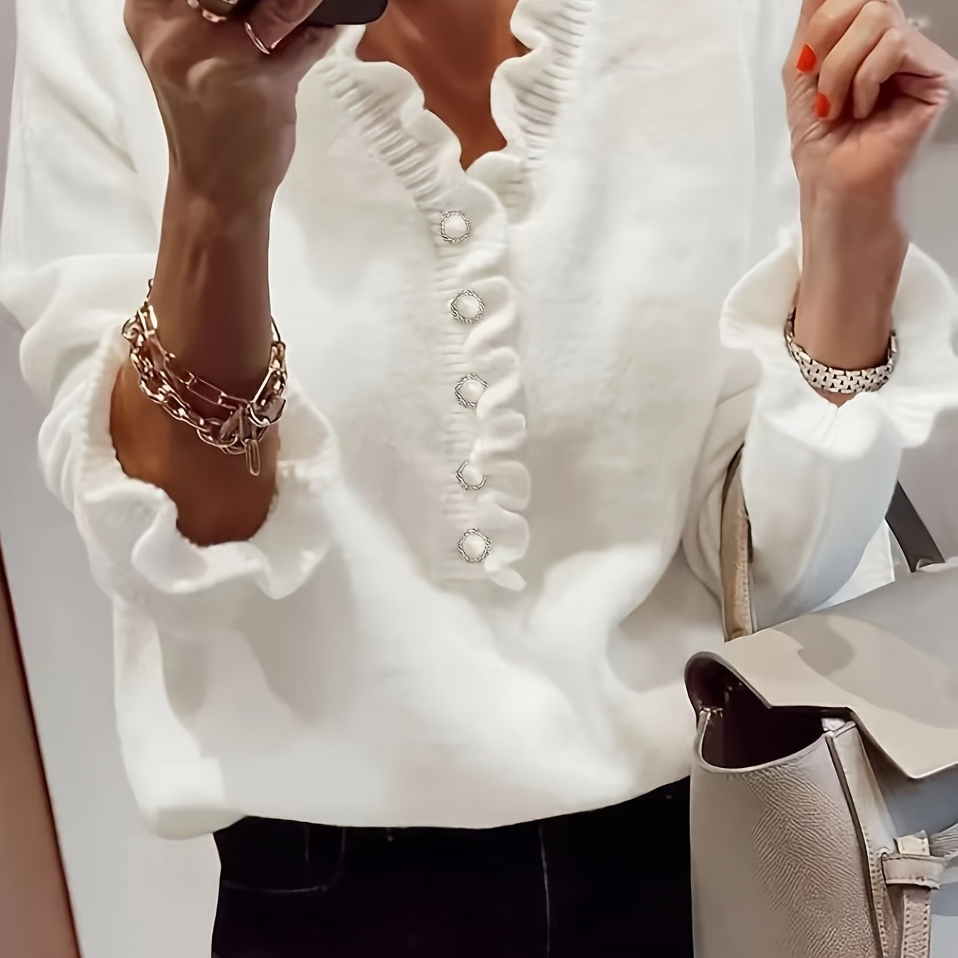 Image of Elegant Women's Long Sleeve V-neck Sweater With Ruffle Detail - Soft Solid Color Pullover, Comfortable For Autumn/winter Casual Or Formal Occasions, , Formal V-neck Design, Fabric Wy0608741