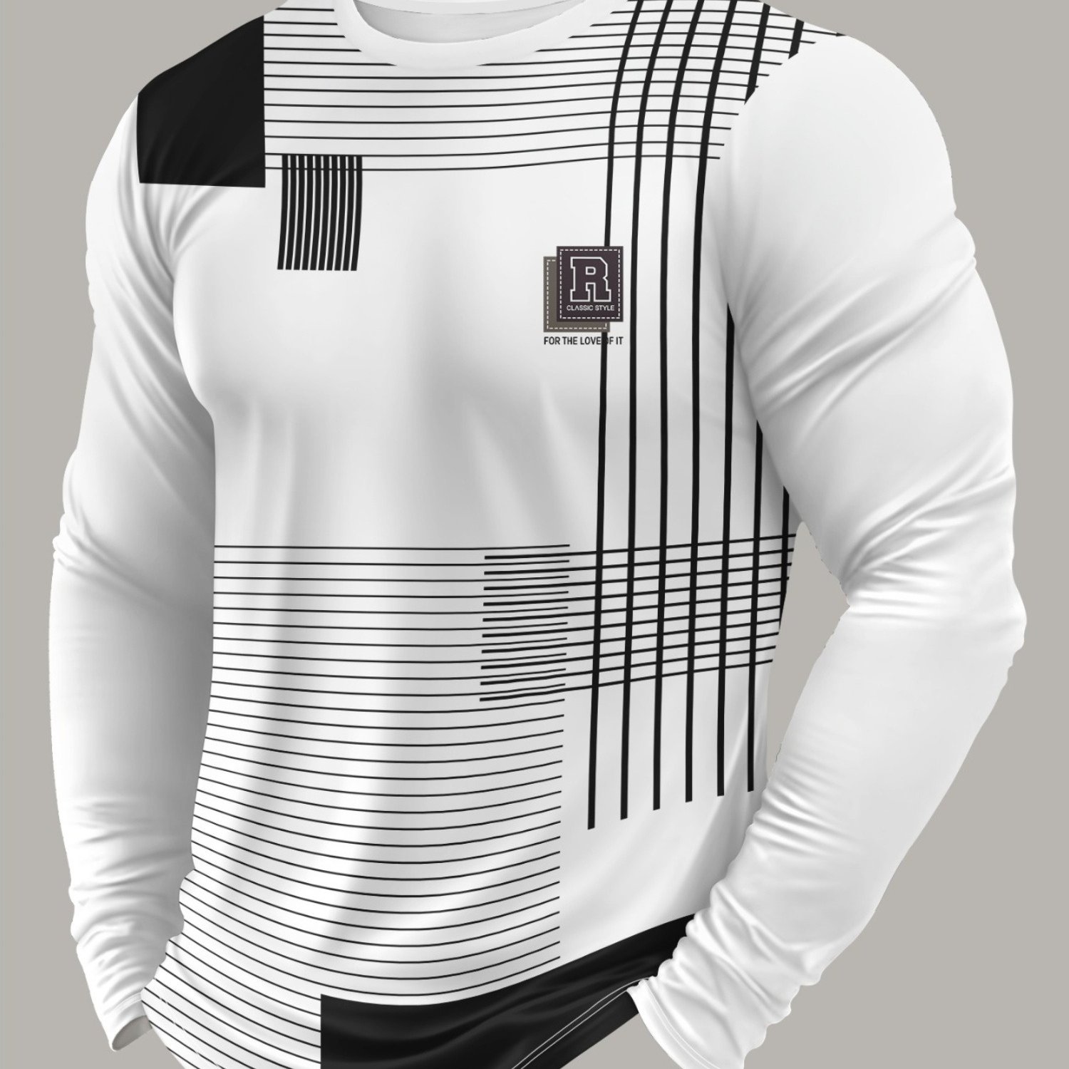 TEMU Print Design â Not Textured//sequins/flat Print T-shirt, No Additions/white Slightly Transparent Men's Black And Blocking Abstract Stripe Long
