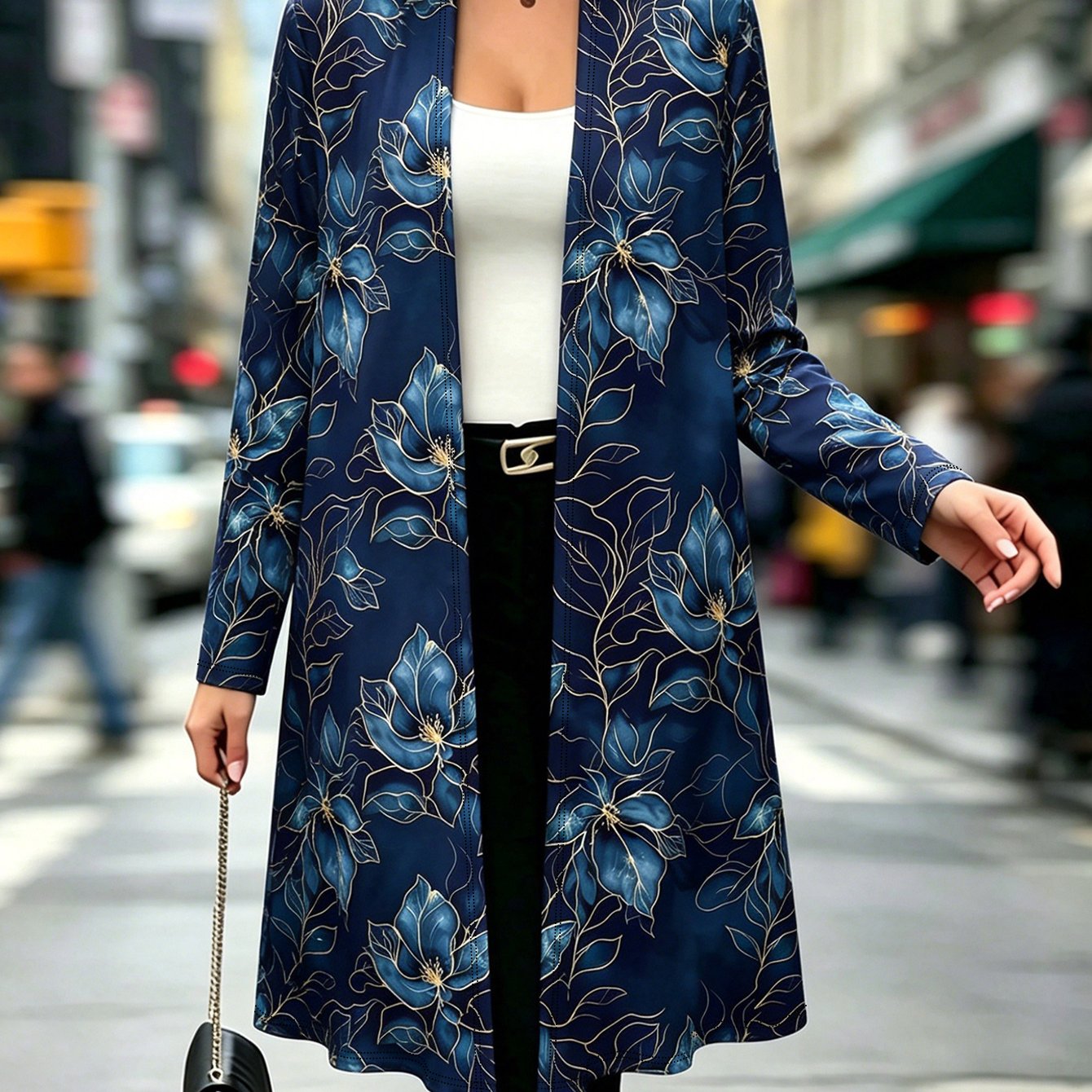 Image of Plus Size, Elegant Directional Autumn And Winter Printed Plus Size Women's Long Cardigan, Suitable For Daily Dressing, Shopping, Parties, Plus Size Jacket, Plus Size Top, Autumn And Winter