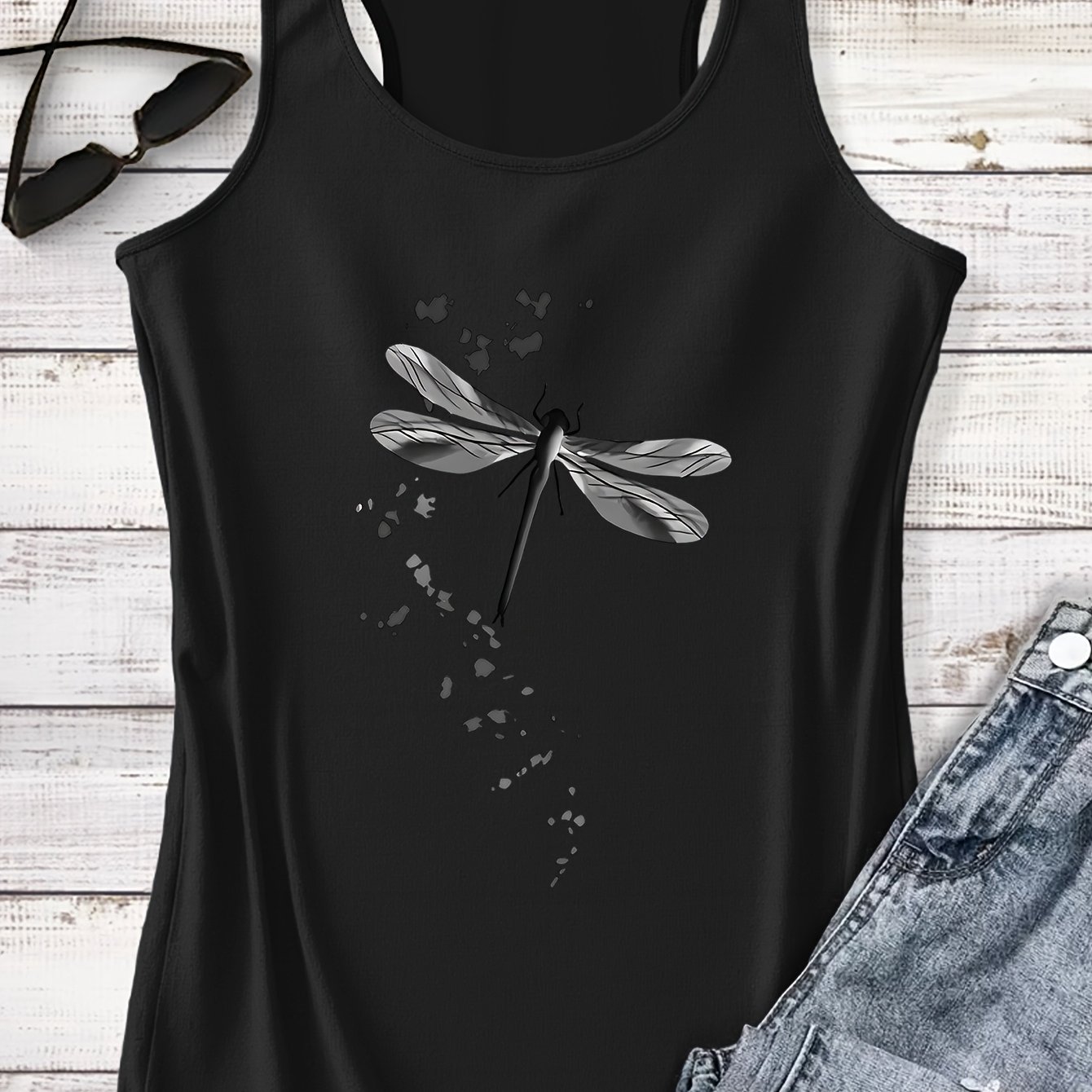 TEMU A Gradient-colored Dragonfly Design With Splatter- Patterns, This Printed Tank Comfortable Casual Wear, Perfect For Vacations, Leisure, And S
