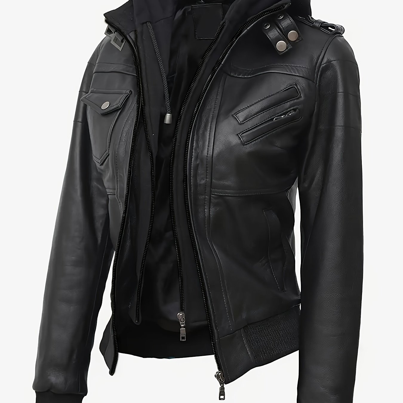 E-shop Herbst/Winter 2025 Trendige, elegante PU-Jacke für Pendlerinnen mit abnehmbarer Kapuze -