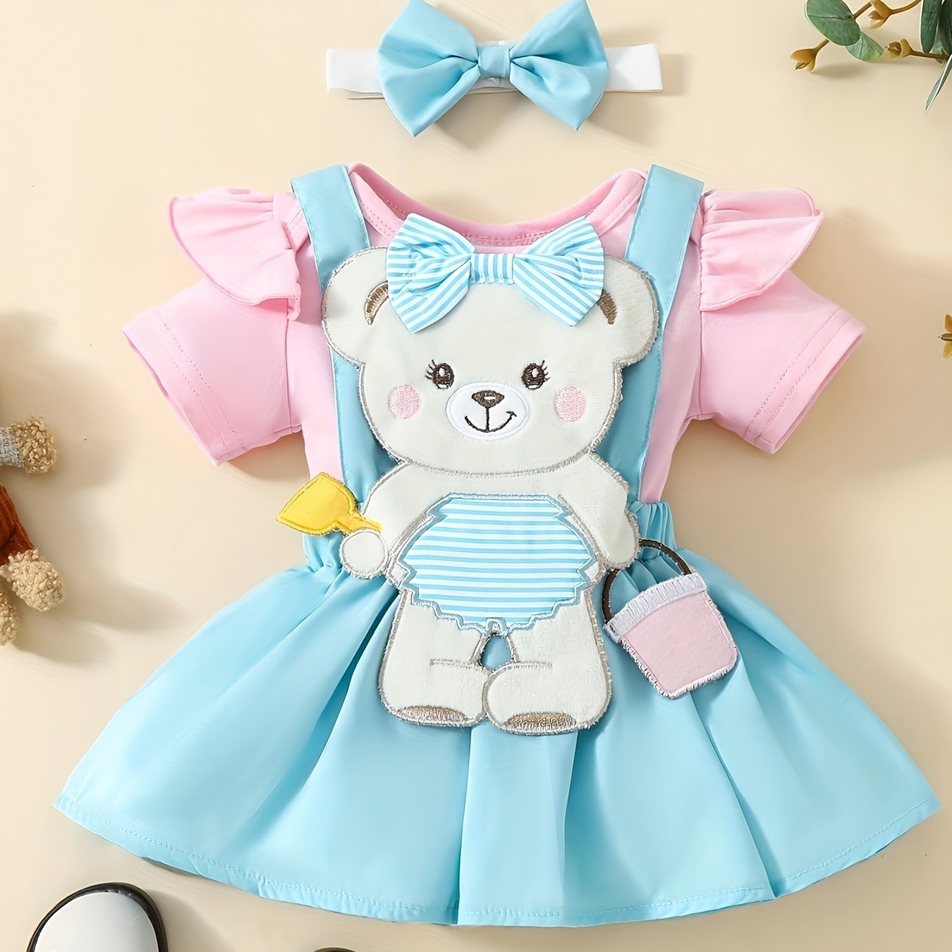 children's cute bear short sleeve sling dress set summer Temu