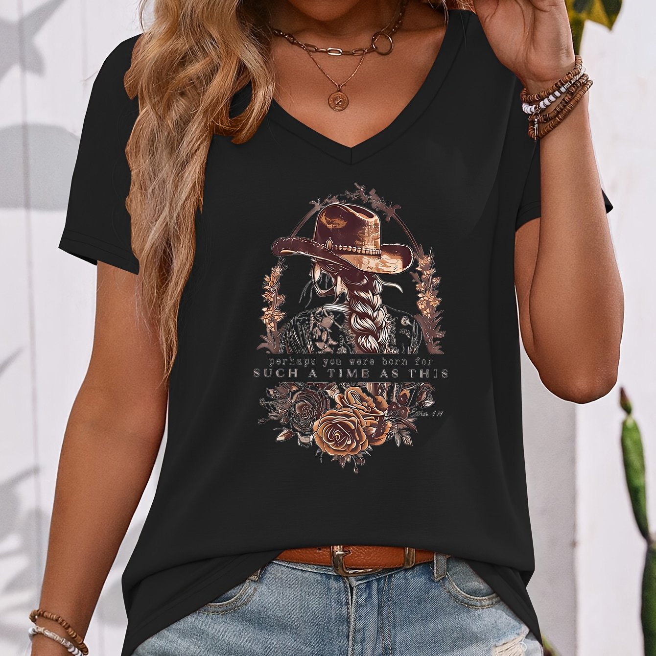 TEMU Western Style Themed Series: Western Country Women's Pattern Printed Color- V-neck Short-sleeve T-shirt, Casual Swear, Fashionable V-neck Trendy