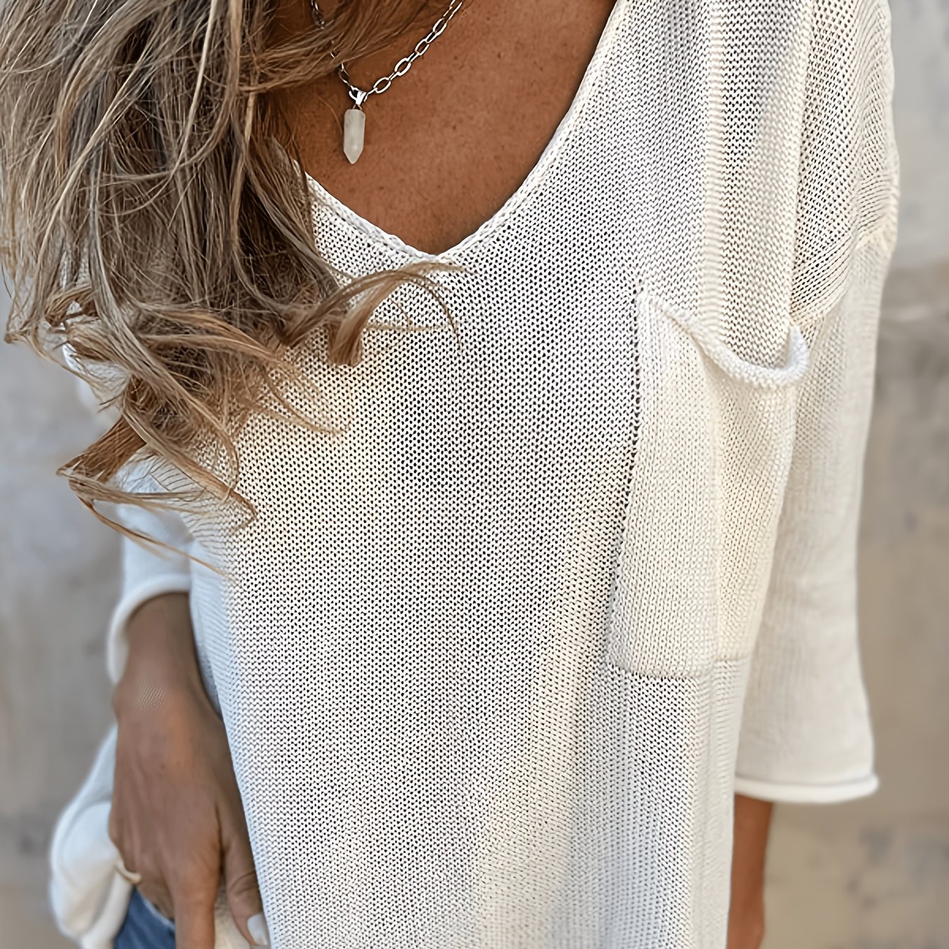 E-shop Damen Einfarbiger V-Ausschnitt Pullover, Lockerer Frühlings- und Sommer-Fashion Casual Top