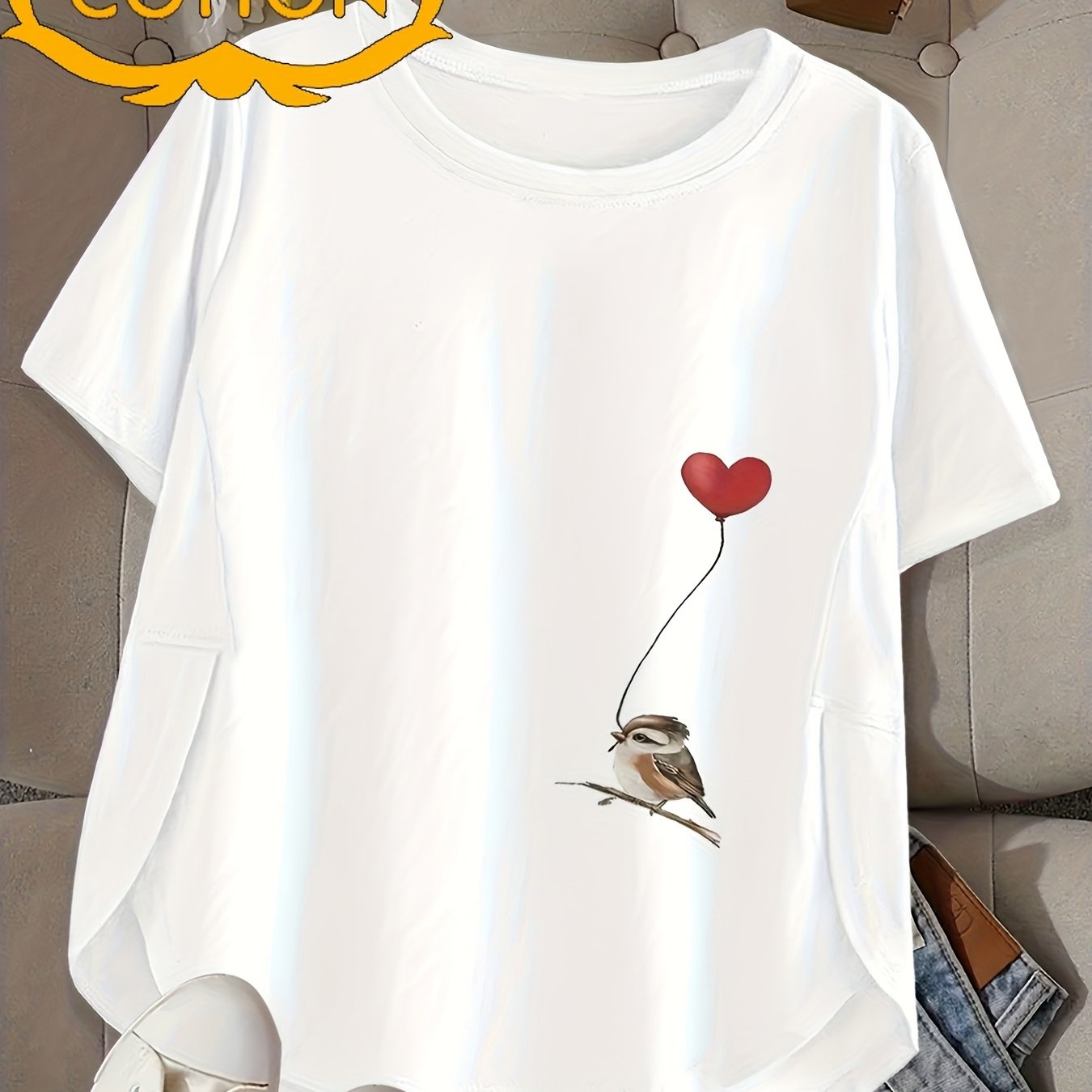 Image of Women's And Men's Lightweight 100% T-shirt- Soft, Breathable, Crew Neck T-shirt With Bird And Heart Print, Women's Casual Everyday Shirt