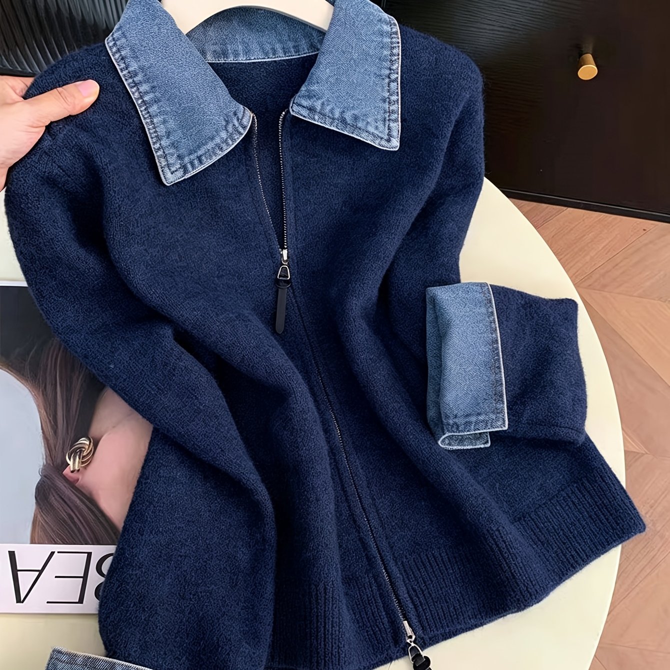 TEMU de otoño/invierno para mujer: Chaqueta cárdigan tipo suéter con cremallera, elegante y con estilo, de mezclilla con cuello de patchwork