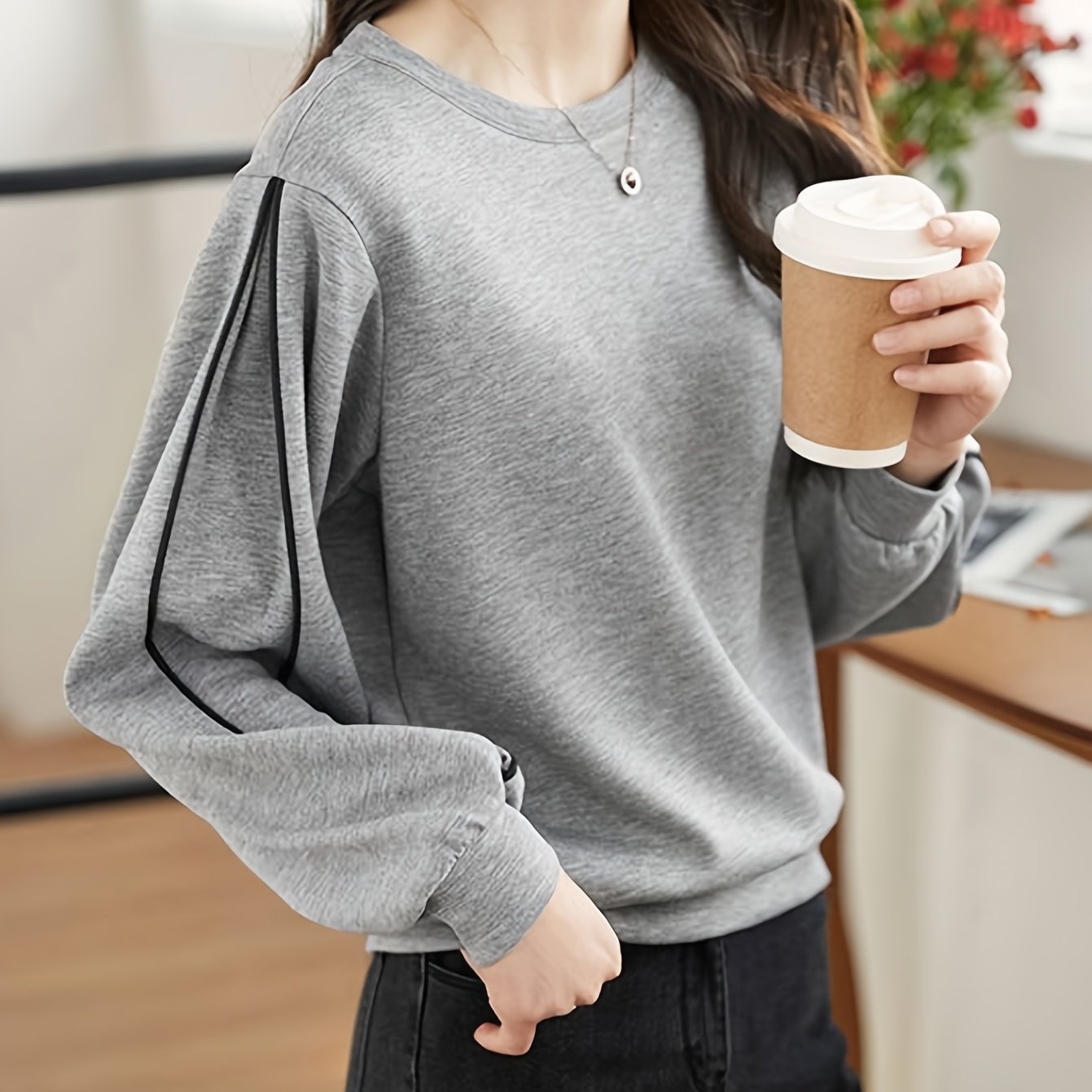 TEMU Sweat-shirt à manches longues Temperament Femme Printemps Automne 2025 Style Coréen Nouveau Design Ample Col Rond T-Shirt Haut Décontracté